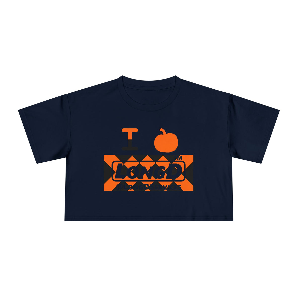 I pumpkin LongD Tag negative stylized argyle logo crop tee
