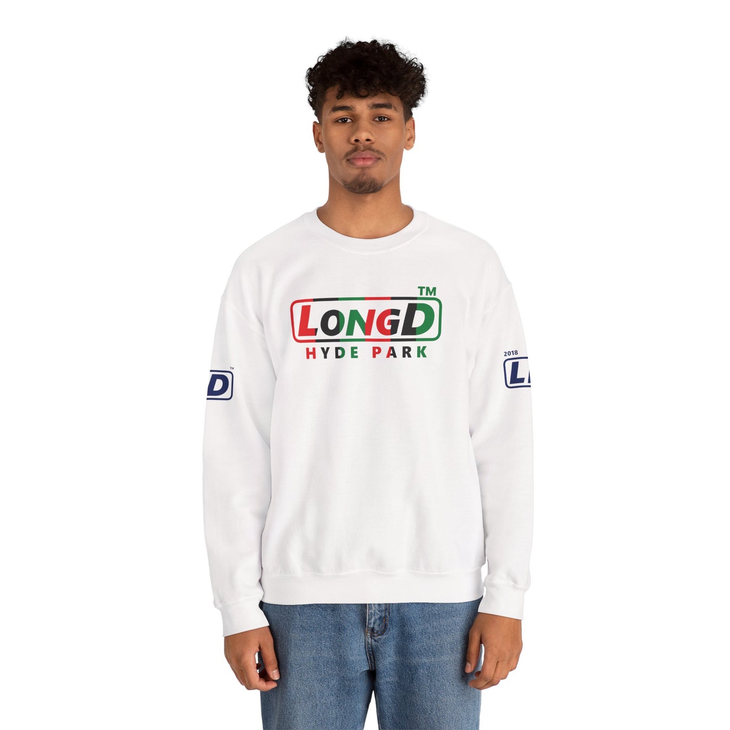 LongD positive vertical 6-striped 4-print Hyde Park logo crewneck sweatshirt (Juneteenth colors)