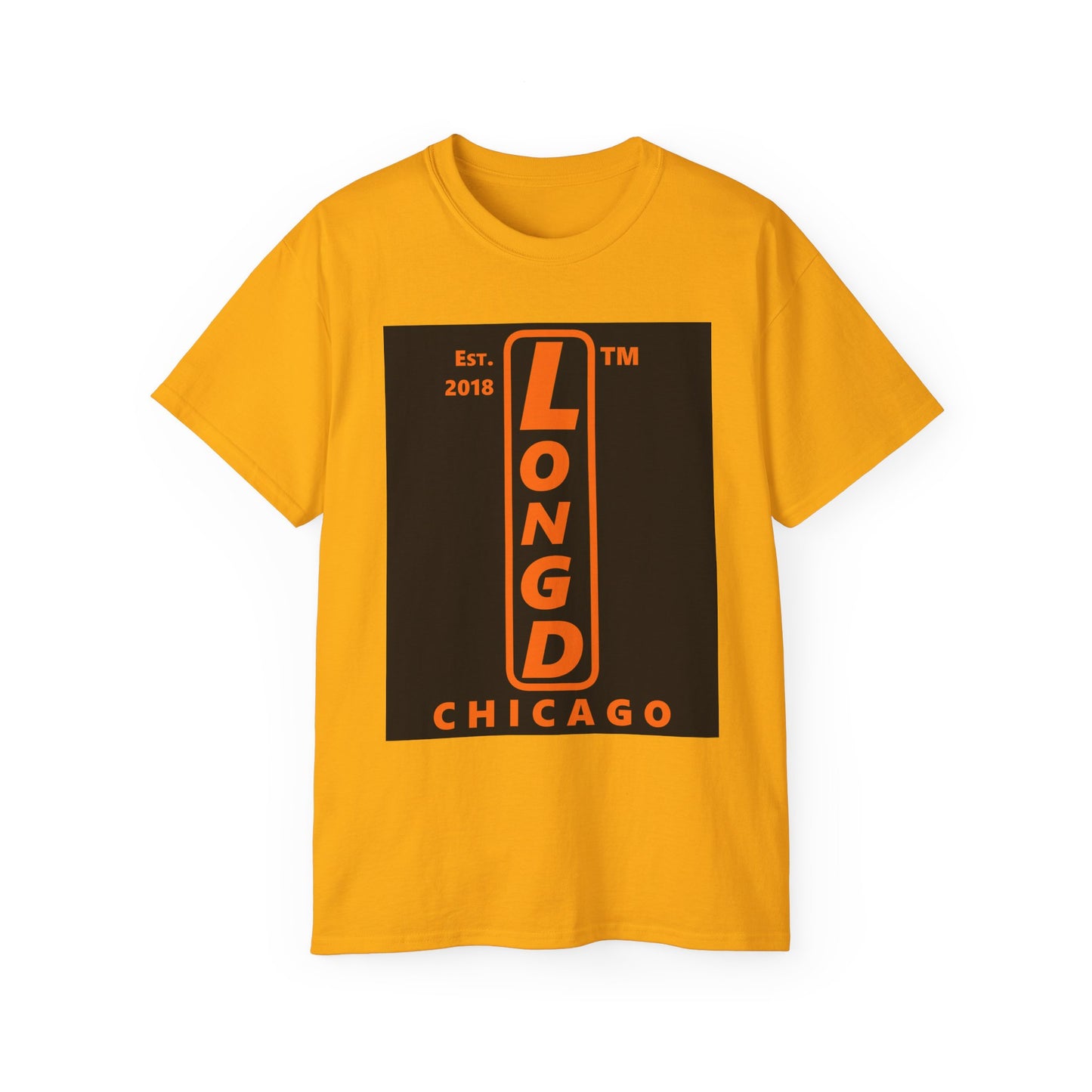 LongD Chicago upright front-back logo orange (FE7518) on Black (000000) cotton tee