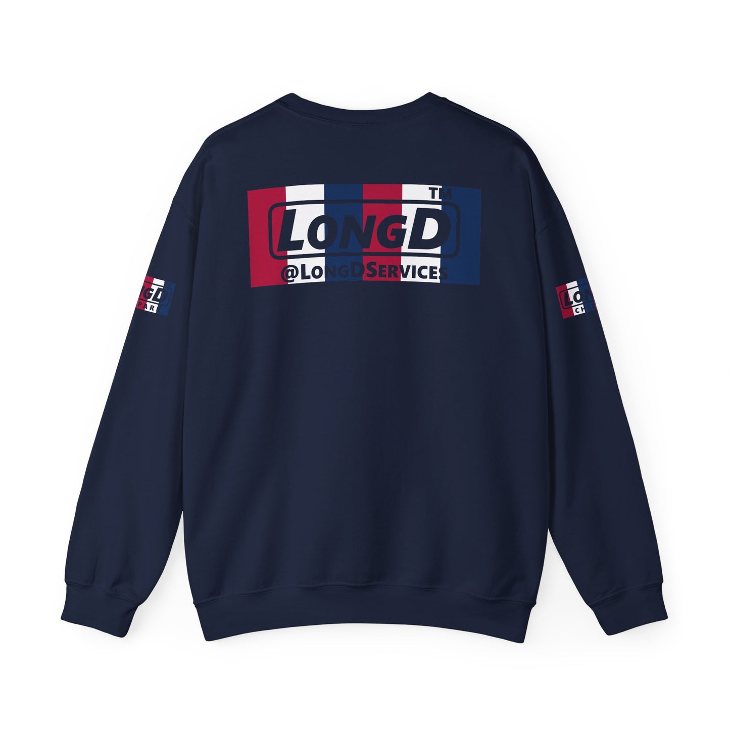 LongD negative vertical 6-striped 4-print double-breasted Chicago logo crewneck sweatshirt (patriotic colors)