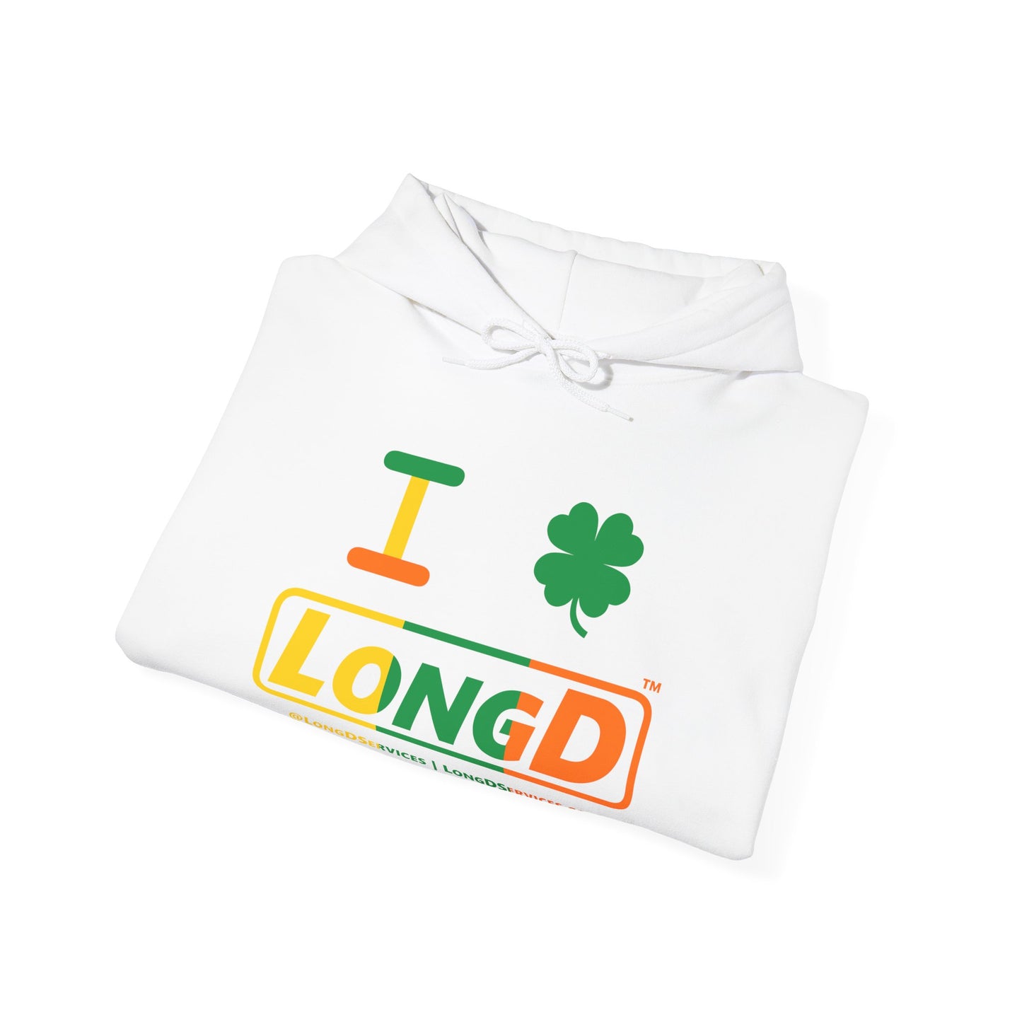 I Clover LongD® Logo Hoodie (St. Patrick's Day Irish Green-Irish Orange-Golden Yellow text)