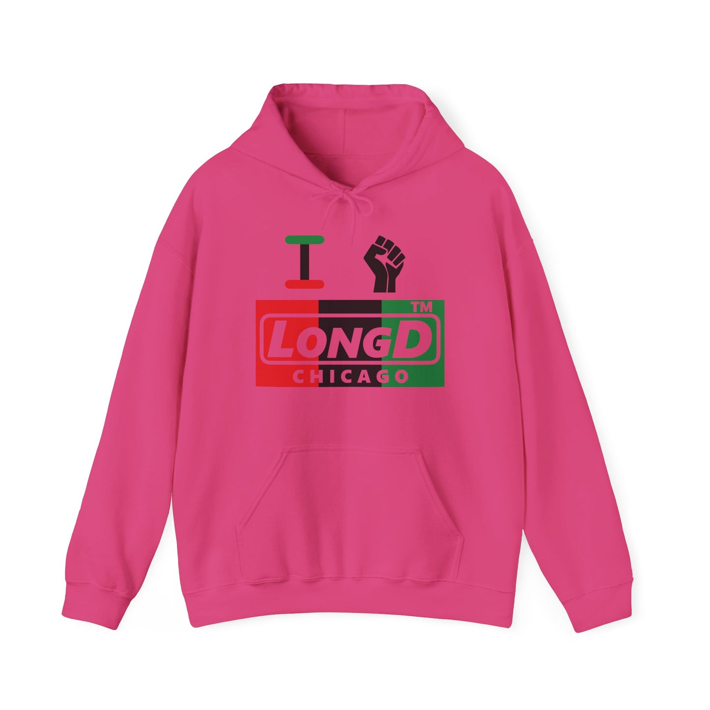 I fist LongD® negative vertical 3-striped Chicago logo Hoodie (Juneteenth colors)