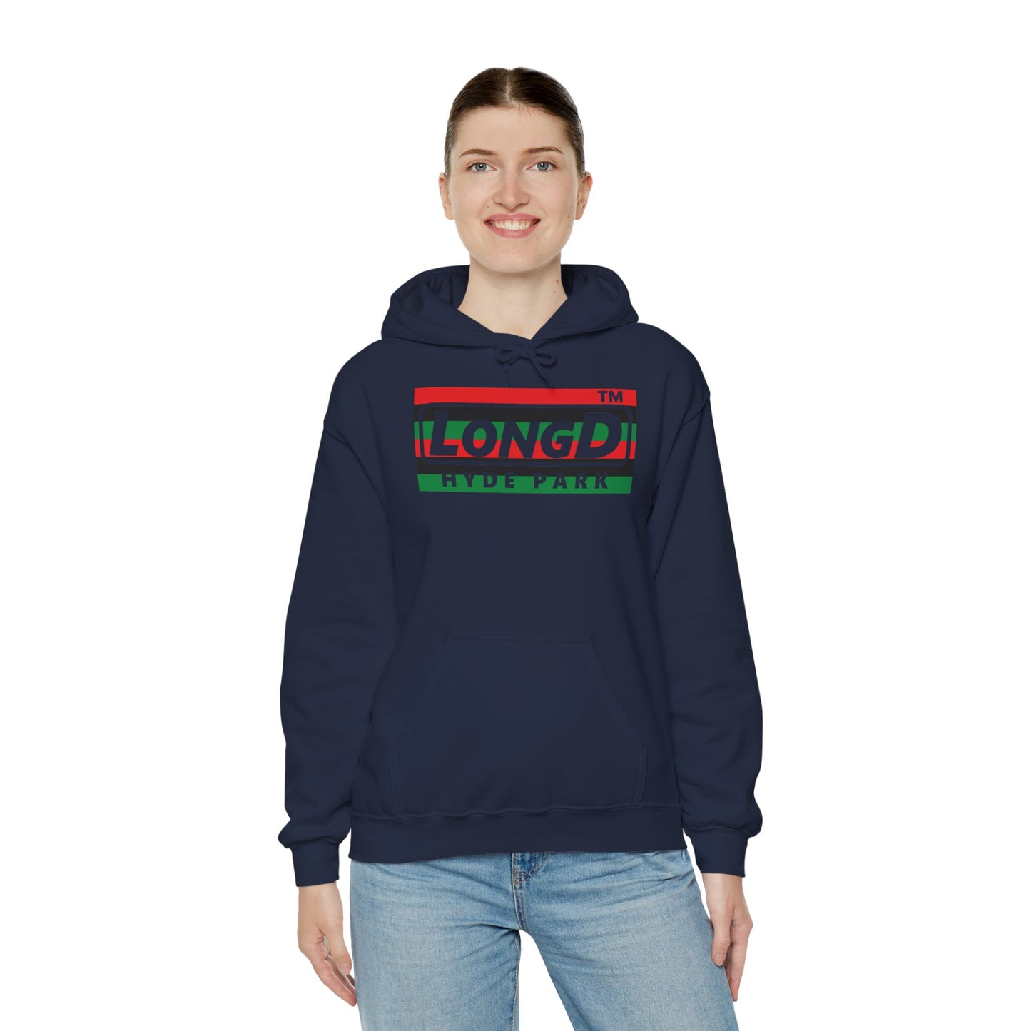 LongD® negative horizontal 6-striped Hyde Park logo Hoodie (Juneteenth colors)