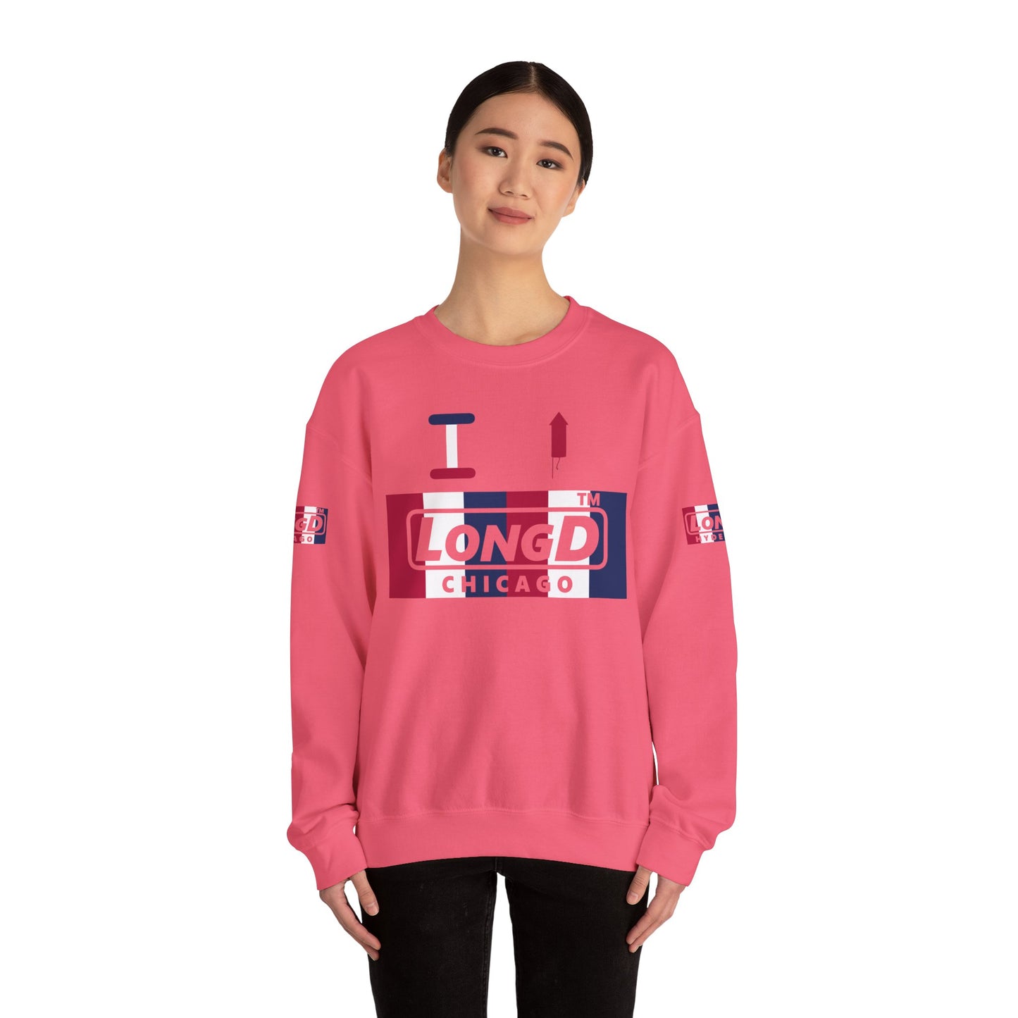 I firecracker LongD positive vertical 6-striped 4-print Chicago logo crewneck sweatshirt