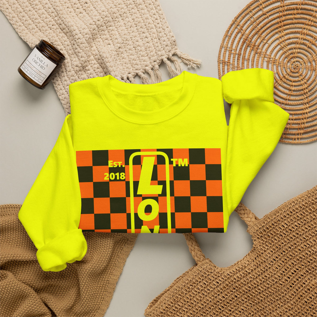 LongD Hyde Park negative upright checkered logo (Halloween colors) crewneck sweatshirt