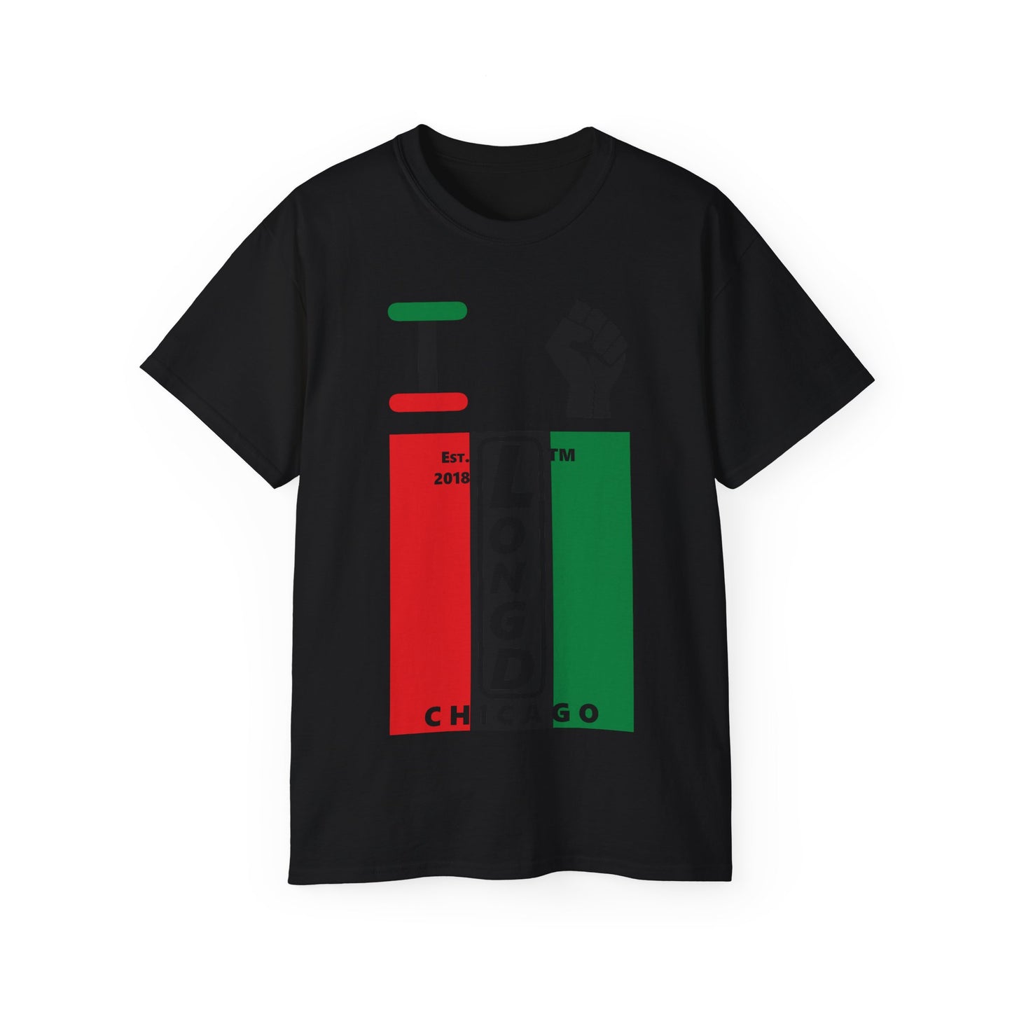 I fist LongD Cotton Tee negative vertical striped Chicago upright logo (Juneteenth colors)