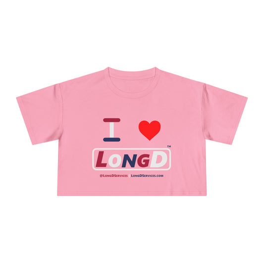 I Luv LongD Logo Women's Crop Tee Red, White & Blue positive varied text