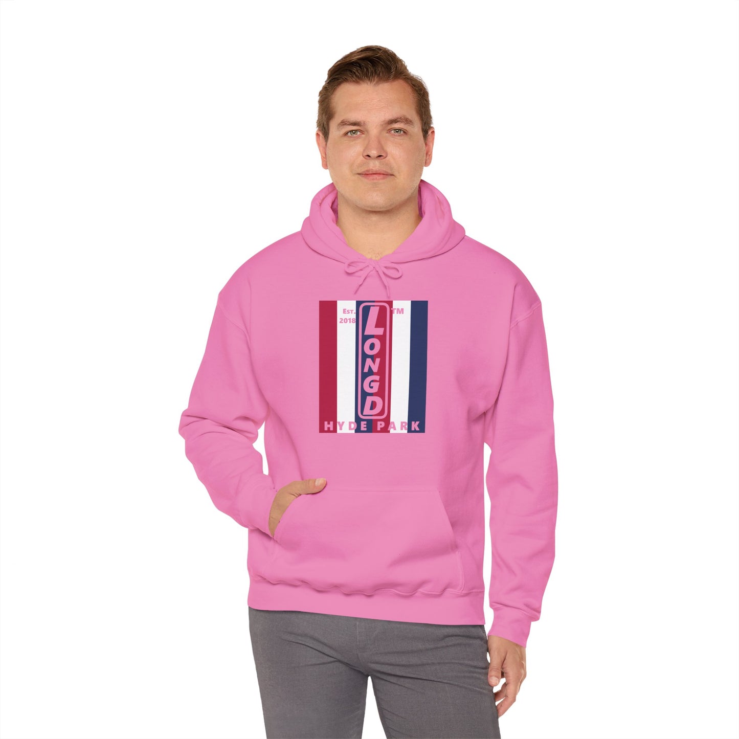LongD® negative vertical 6-striped upright Hyde Park logo hoodie