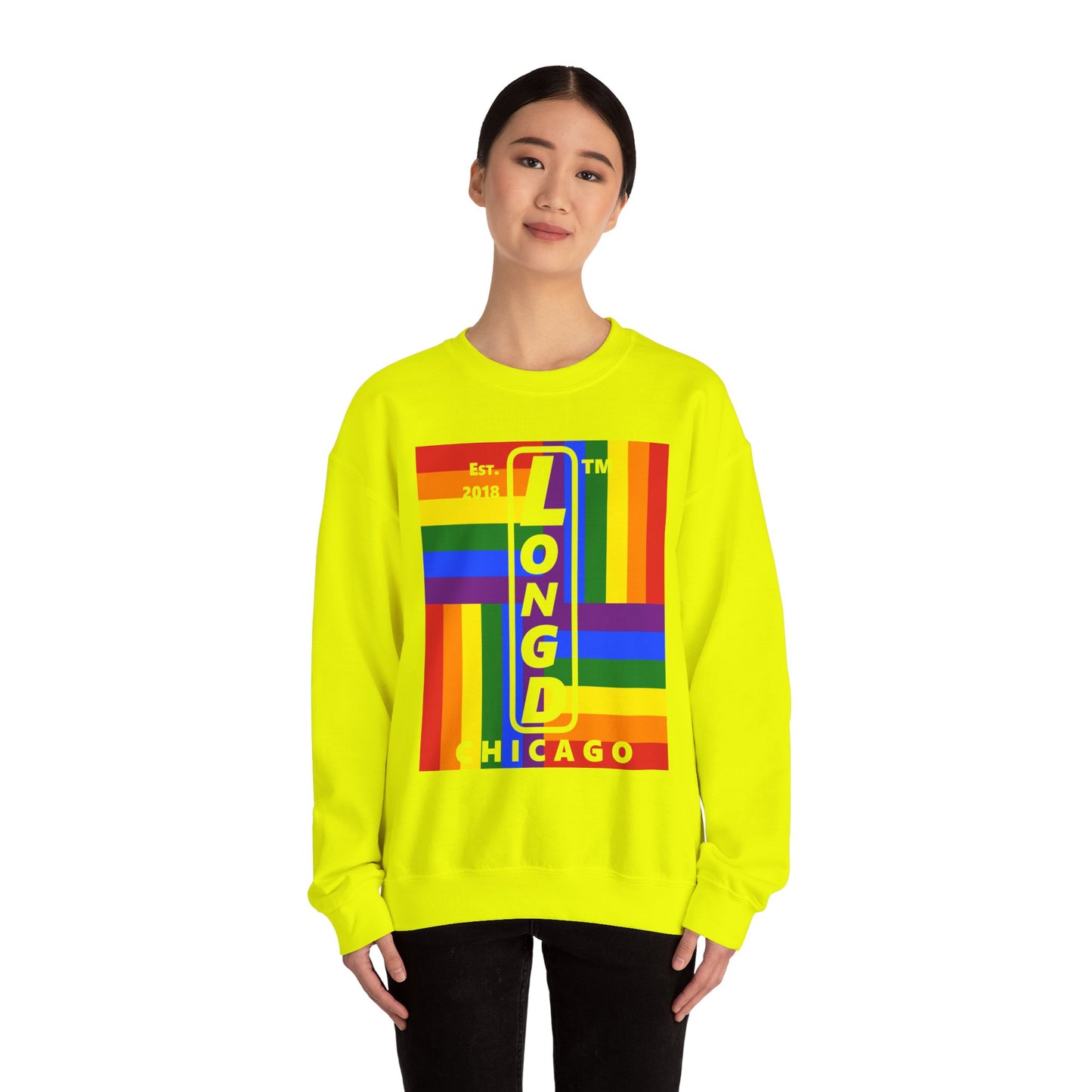 LongD negative windmill Chicago upright logo crewneck sweatshirt (Pride colors)