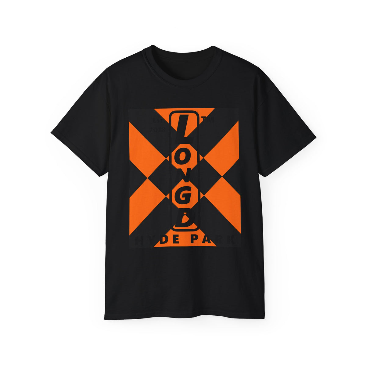 LongD Hyde Park negative upright mixed argyle logo (Halloween colors) cotton tee