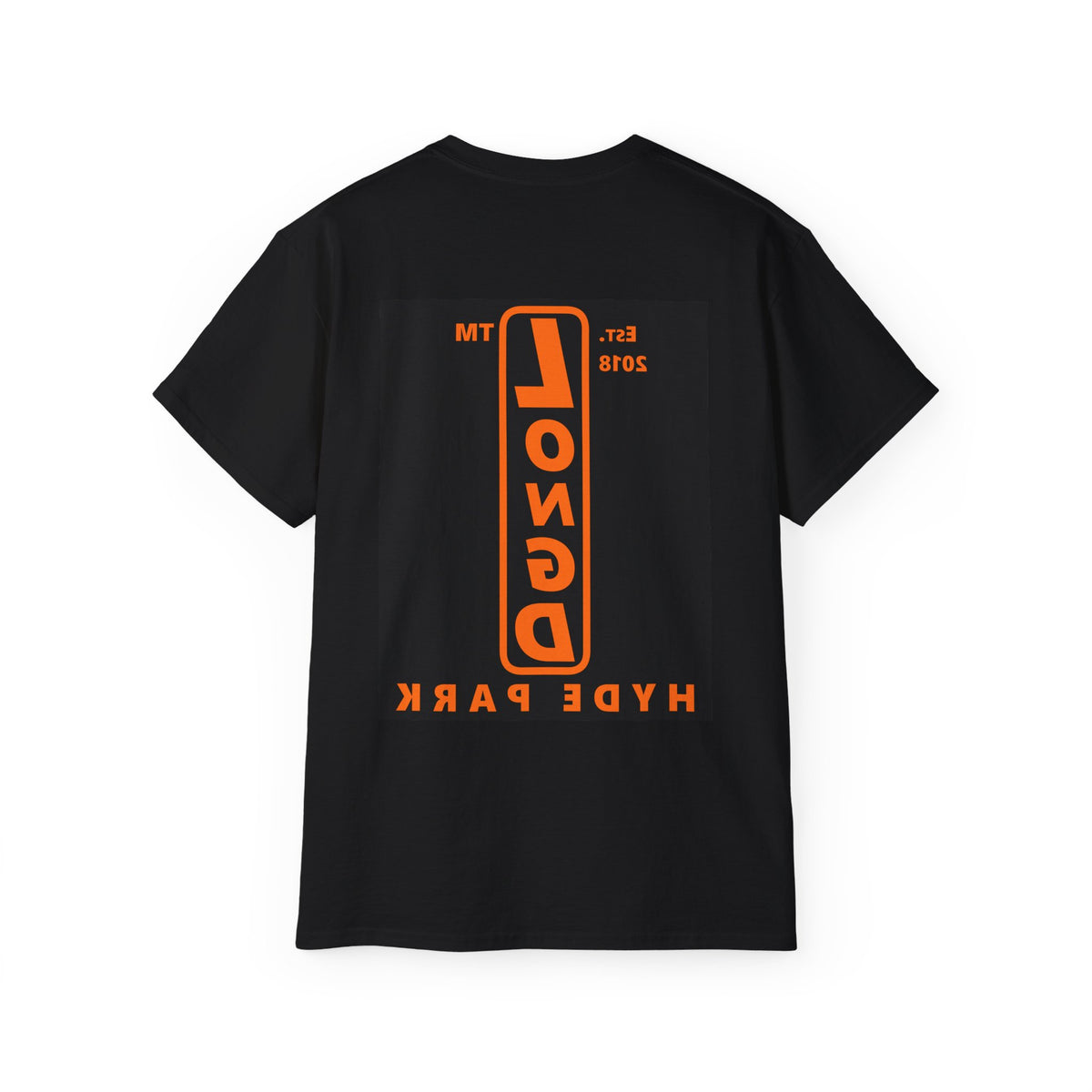 LongD Hyde Park upright front-back logo orange (FE7518) on Black (000000) cotton tee