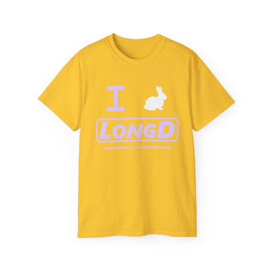 I Bunny LongD® Logo Cotton Tee Easter pastel purple text (white Easter Bunny)