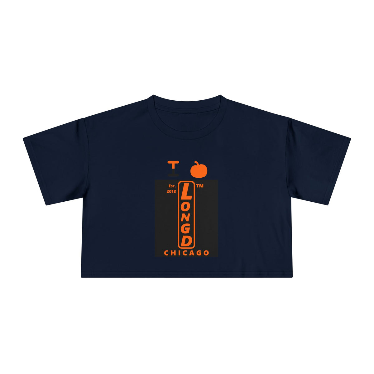 I pumpkin LongD Chicago upright logo positive orange on negative black crop tee