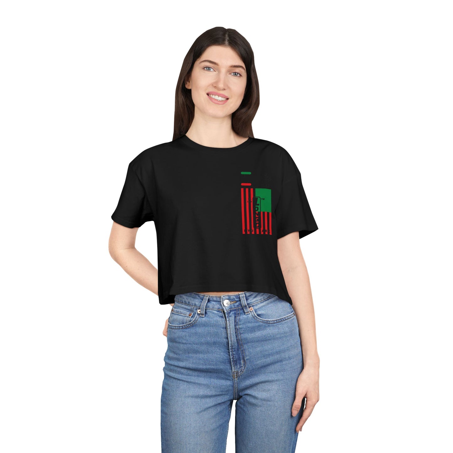 I fist LongD negative flag upright single-breasted Hyde Park logo crop tee (Juneteenth colors)