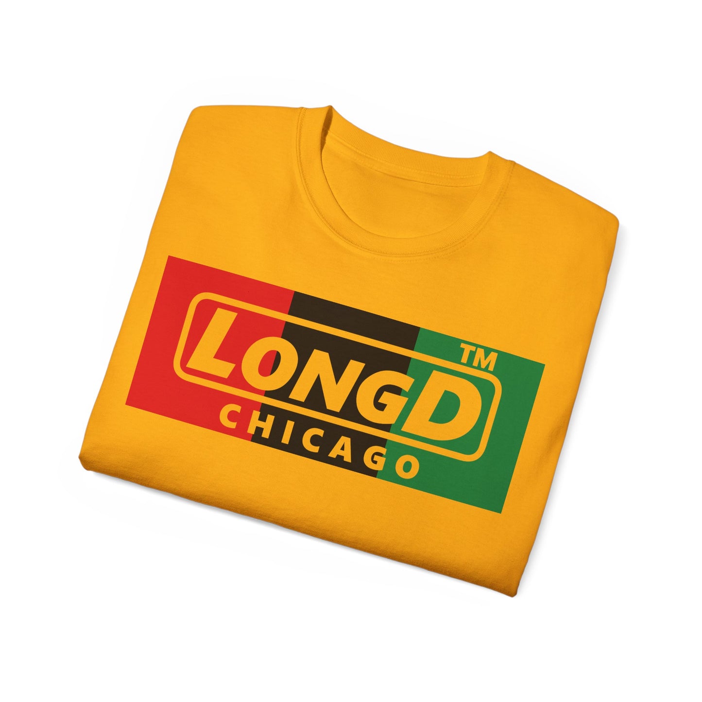 LongD negative vertical 3-striped Chicago logo cotton tee (Juneteenth colors)