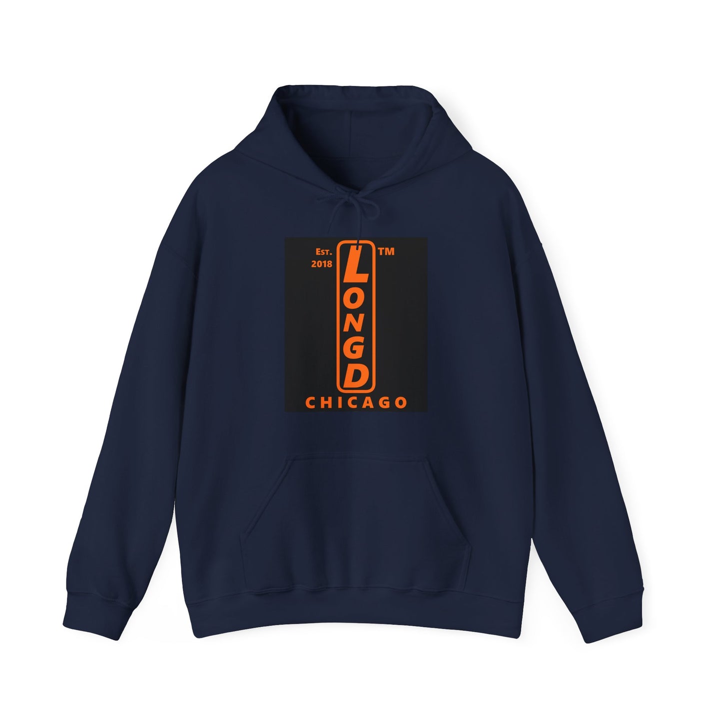 LongD Chicago upright front-back logo orange (FE7518) on Black (000000) hoodie