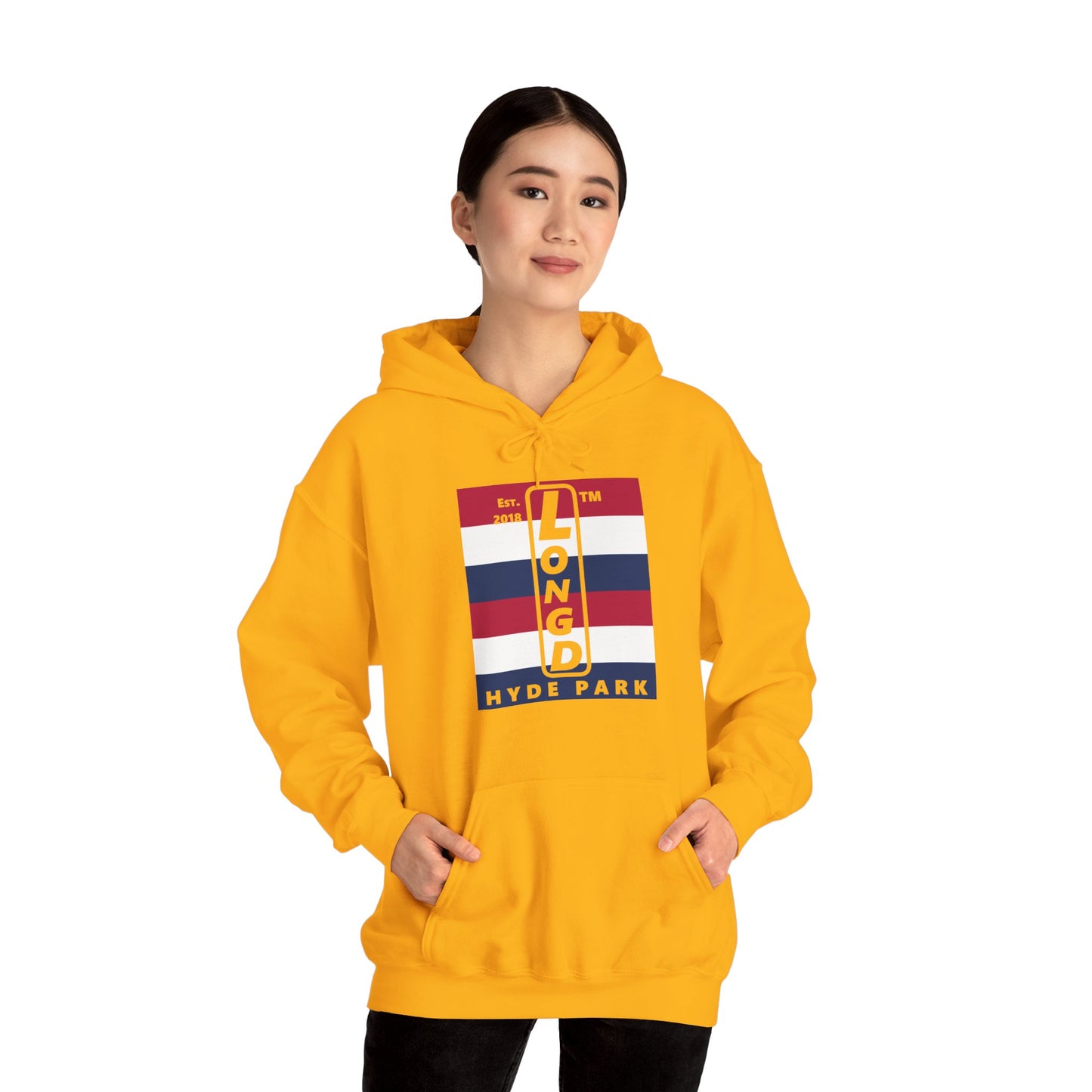 LongD® negative horizontal 6-striped upright Hyde Park logo hoodie (Patriotic colors)