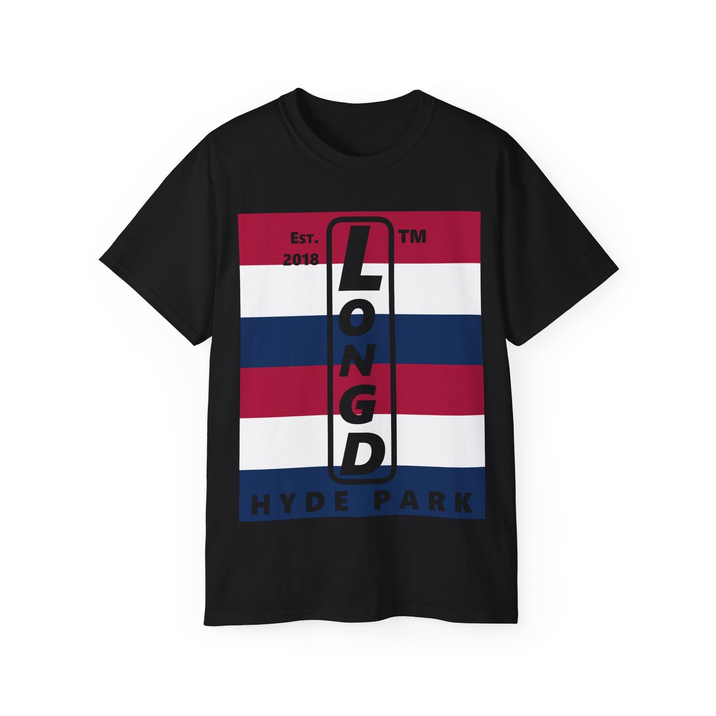 LongD cotton tee negative horizontal 6-striped Hyde Park upright logo (Patriotic colors)