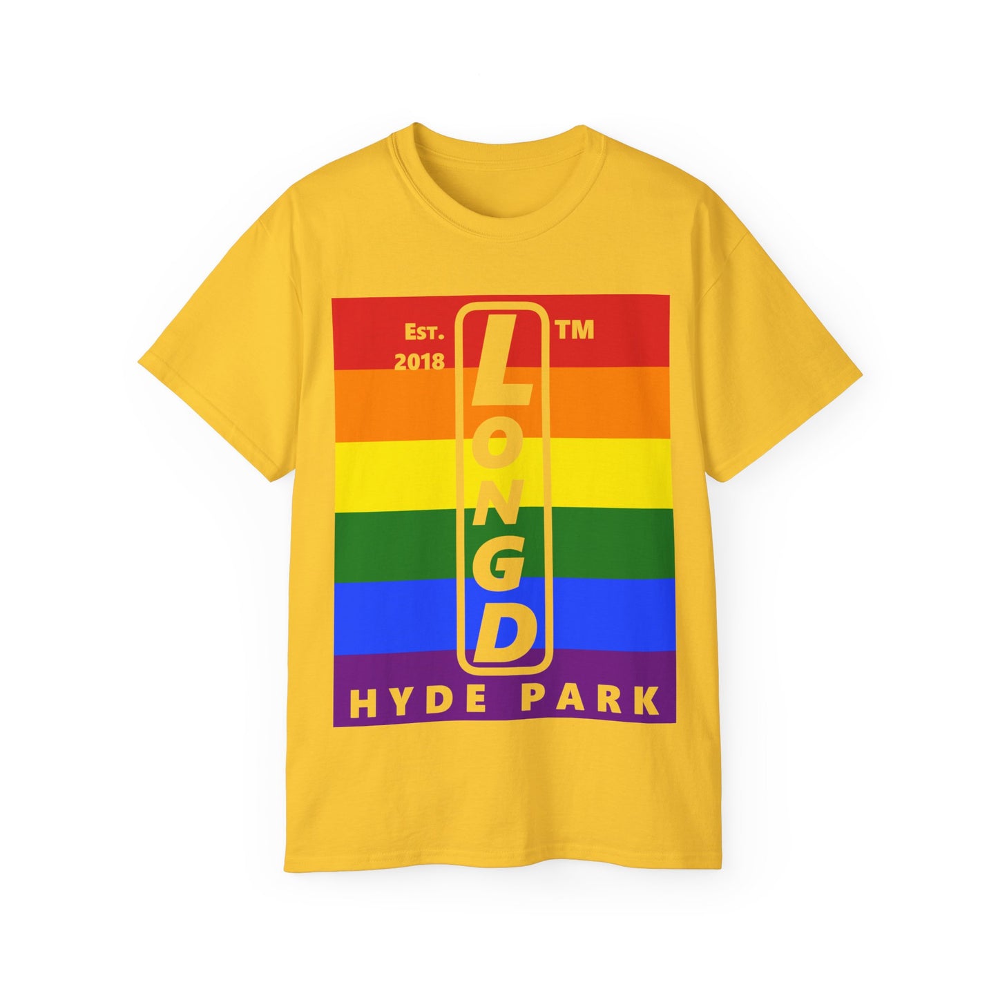LongD Cotton Tee negative horizontal striped Hyde Park upright logo (Pride colors)
