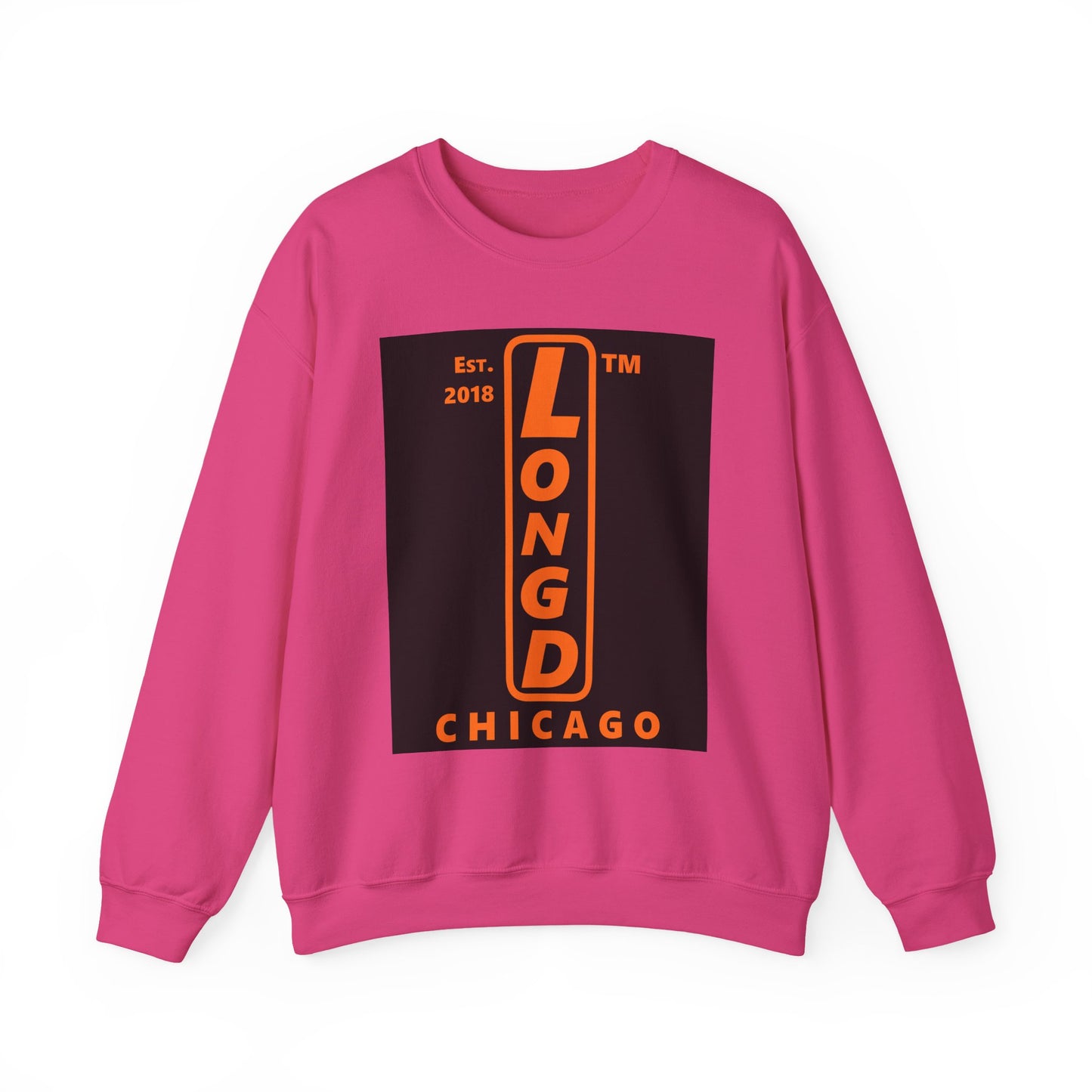 LongD Chicago upright front-back logo orange (FE7518) on Black (000000) crewneck sweatshirt