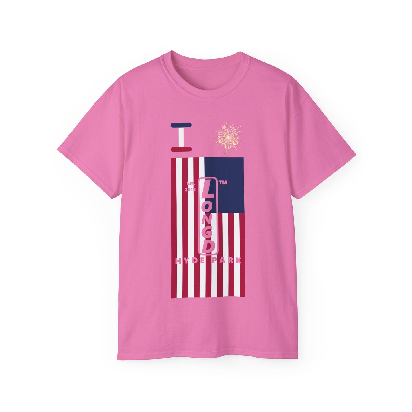 I Burst LongD cotton tee negative flag Hyde Park upright logo (Patriotic colors)