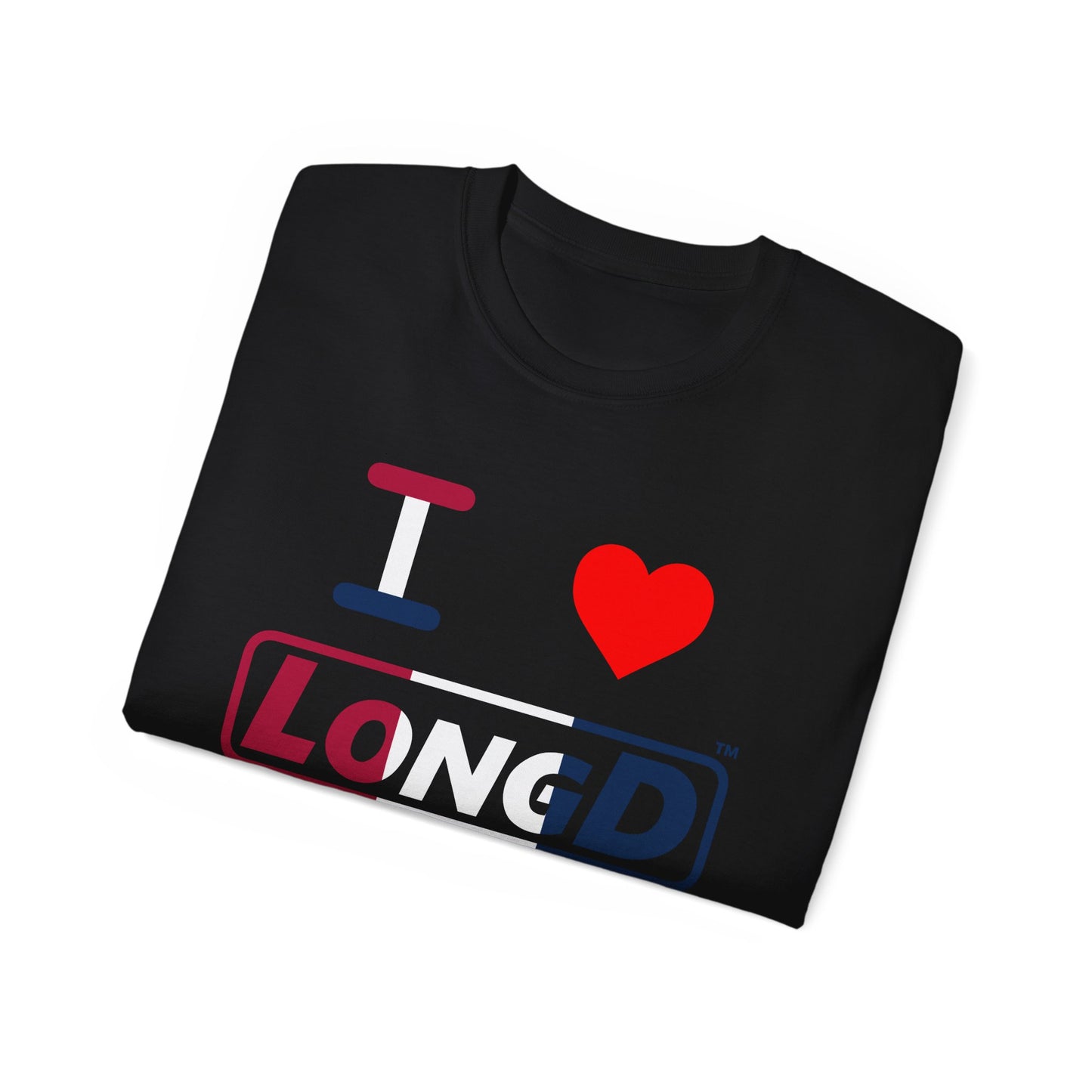 I Luv LongD® Logo Cotton Tee Red, White and Blue positive thirds text