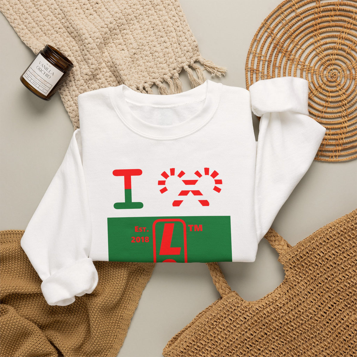 I candy cane LongD Hyde Park upright logo positive red on negative green crewneck sweatshirt