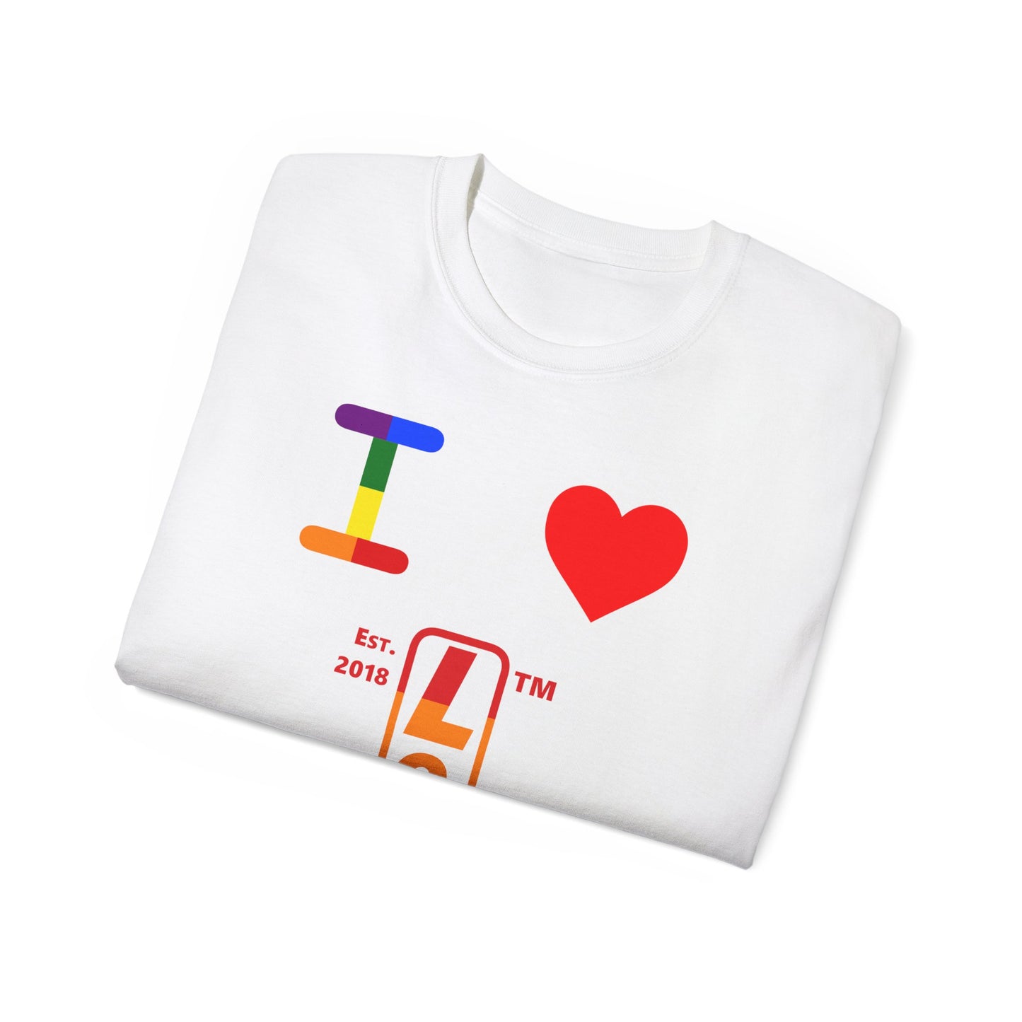 I Luv LongD Cotton Tee positive horizontal striped Chicago upright logo (Pride colors)