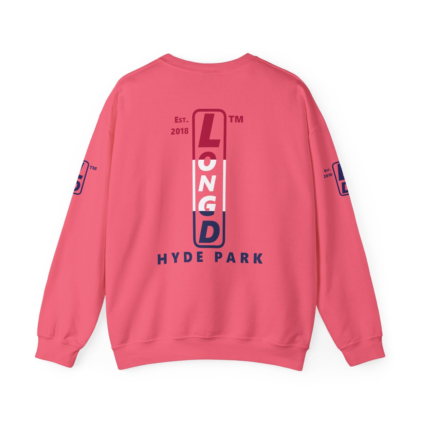 LongD positive horizontal 3-striped Hyde Park upright 4-print single-breasted logo crewneck sweatshirt (patriotic colors)