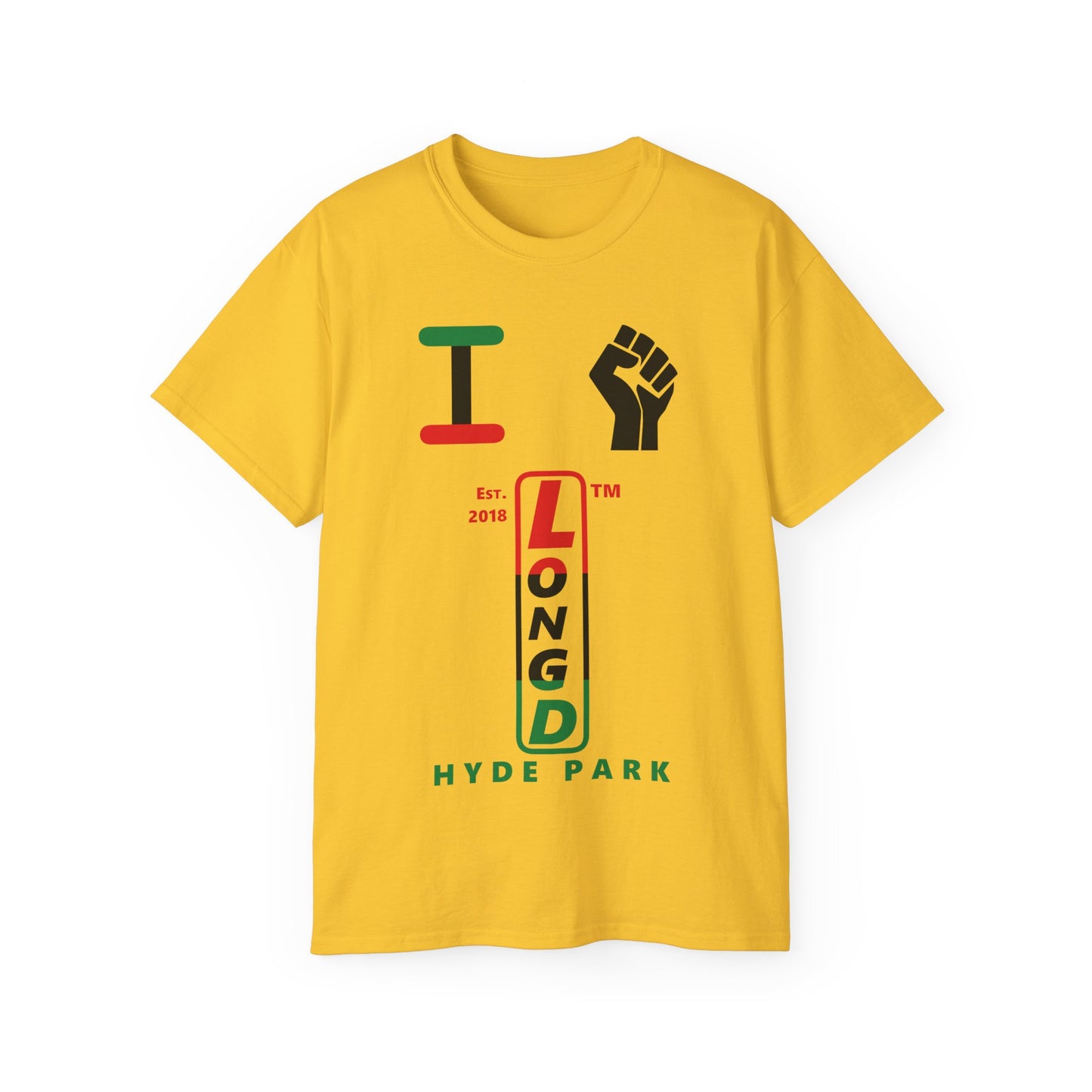 I fist LongD Cotton Tee positive horizontal striped Hyde Park upright logo (Juneteenth colors)