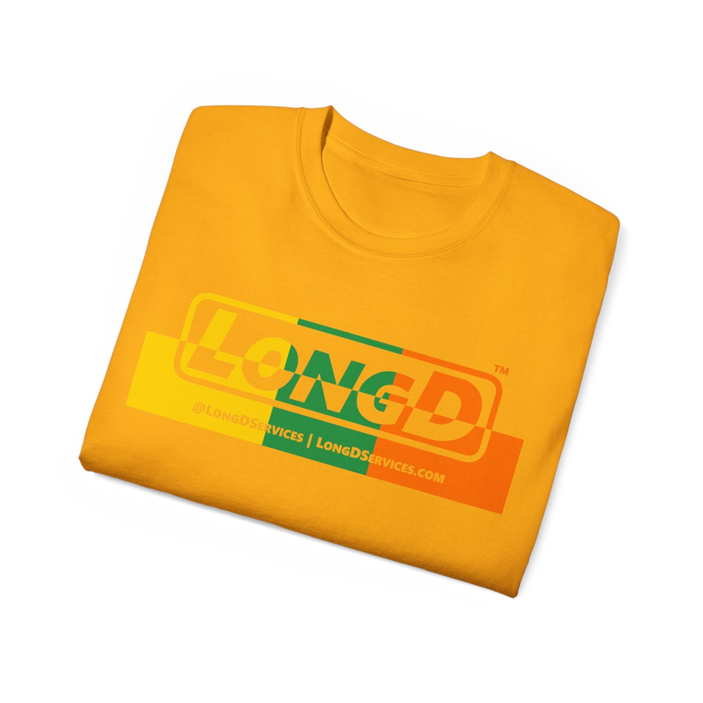 LongD® Logo Cotton Tee (St. Patrick's Day -Irish Green, Golden Yellow and Irish Orange thirds top-bottom positive-negative split)