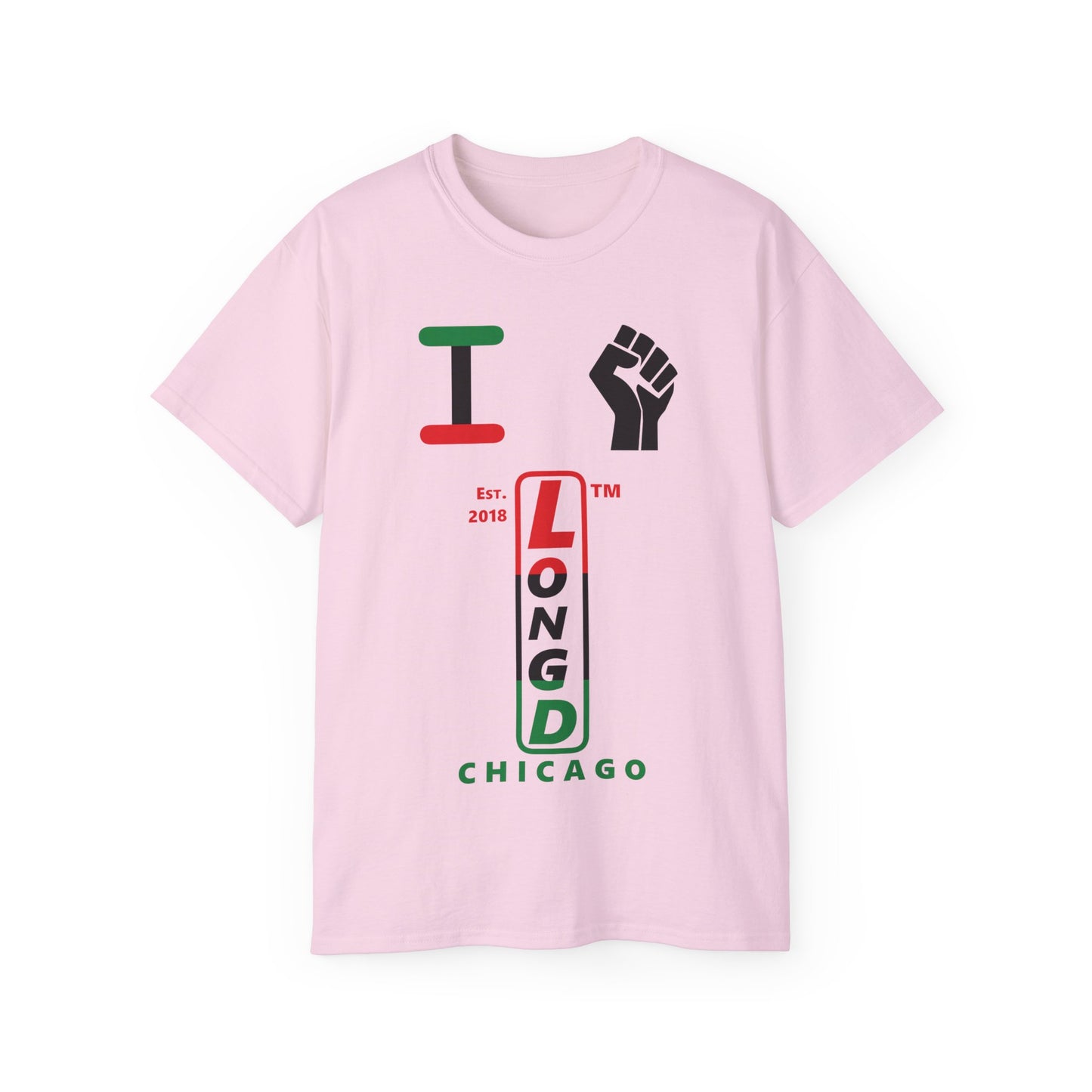I fist LongD Cotton Tee positive horizontal striped Chicago upright logo (Juneteenth colors)