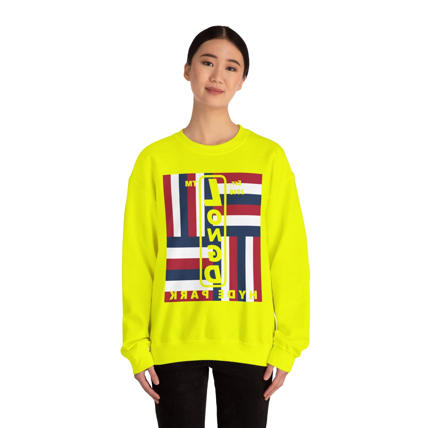 LongD negative rotated windmill Hyde Park front-back upright logo crewneck sweatshirt (patriotic colors)