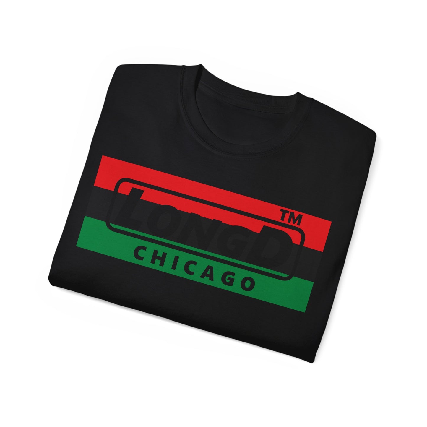 LongD negative horizontal 3-striped Chicago logo cotton tee (Juneteenth colors)