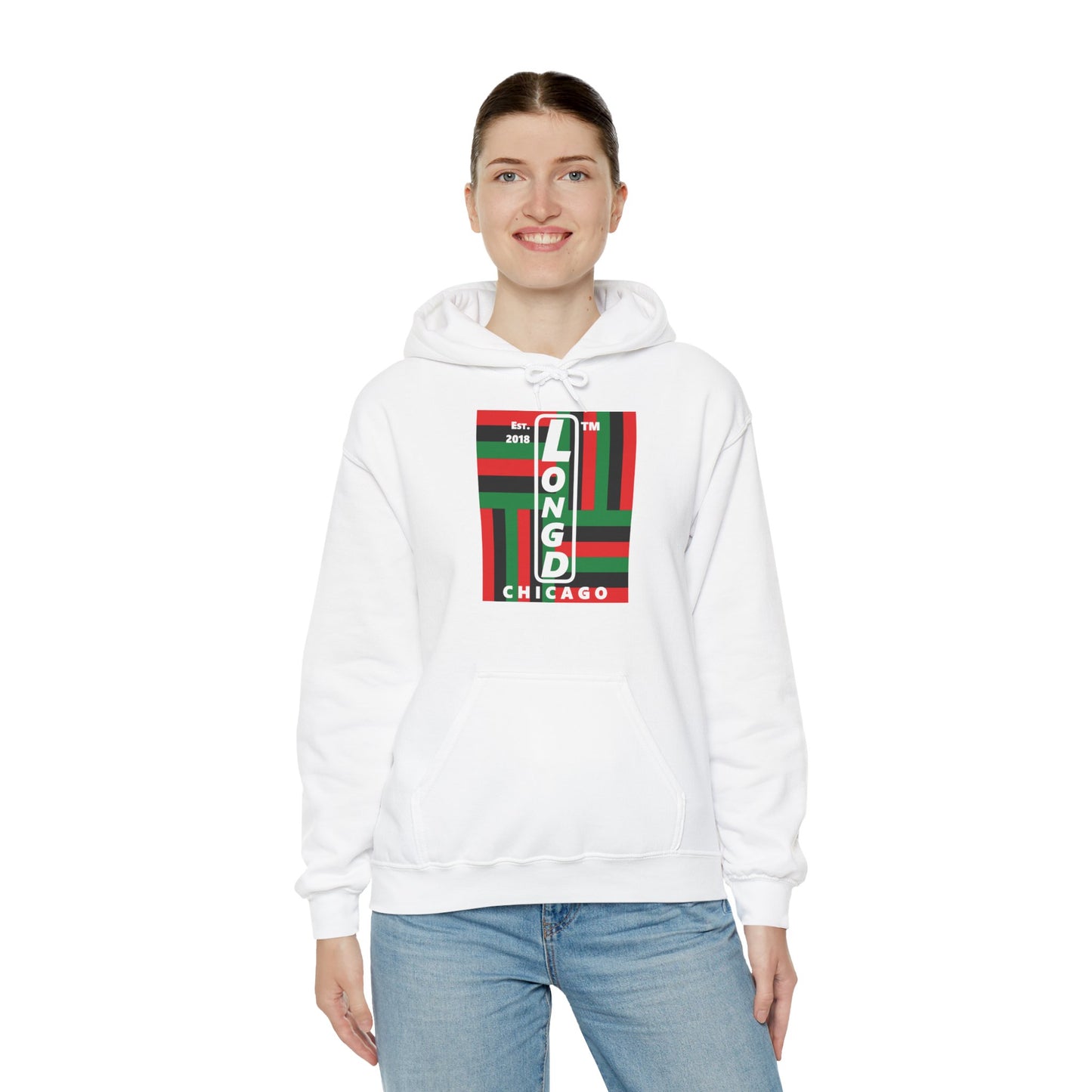 LongD® negative windmill upright Chicago logo hoodie (Juneteenth colors)