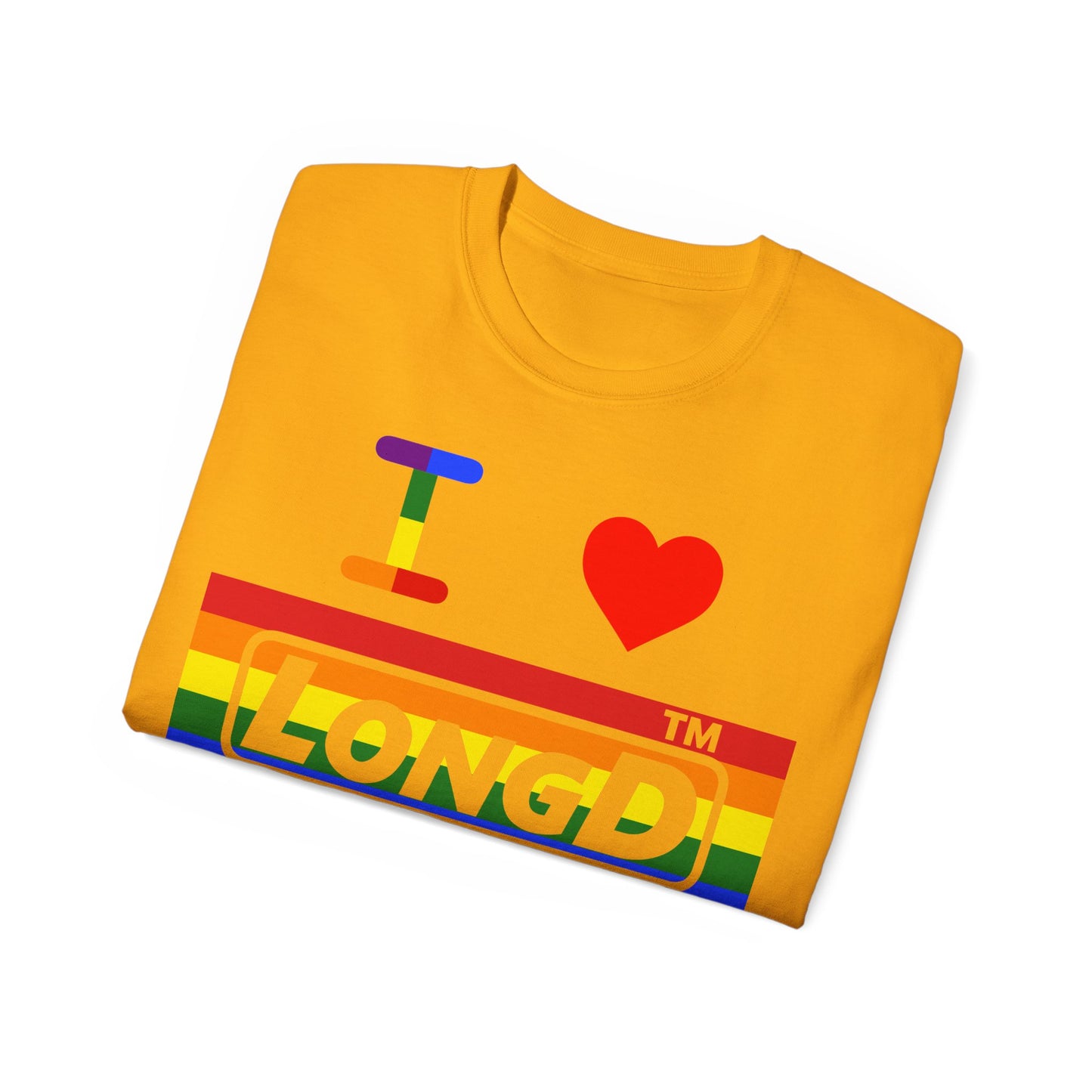 I Luv LongD negative horizontal striped front-back Chicago logo cotton tee (Pride colors)