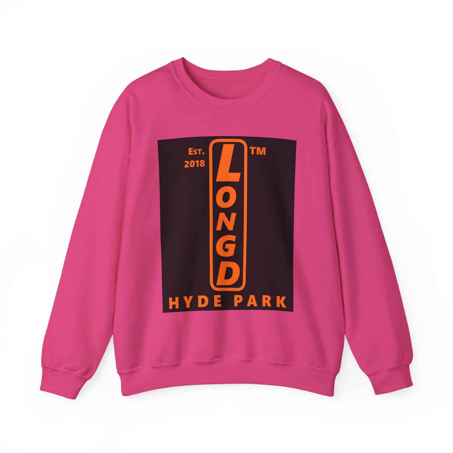 LongD Hyde Park upright front-back logo orange (FE7518) on Black (000000) crewneck sweatshirt