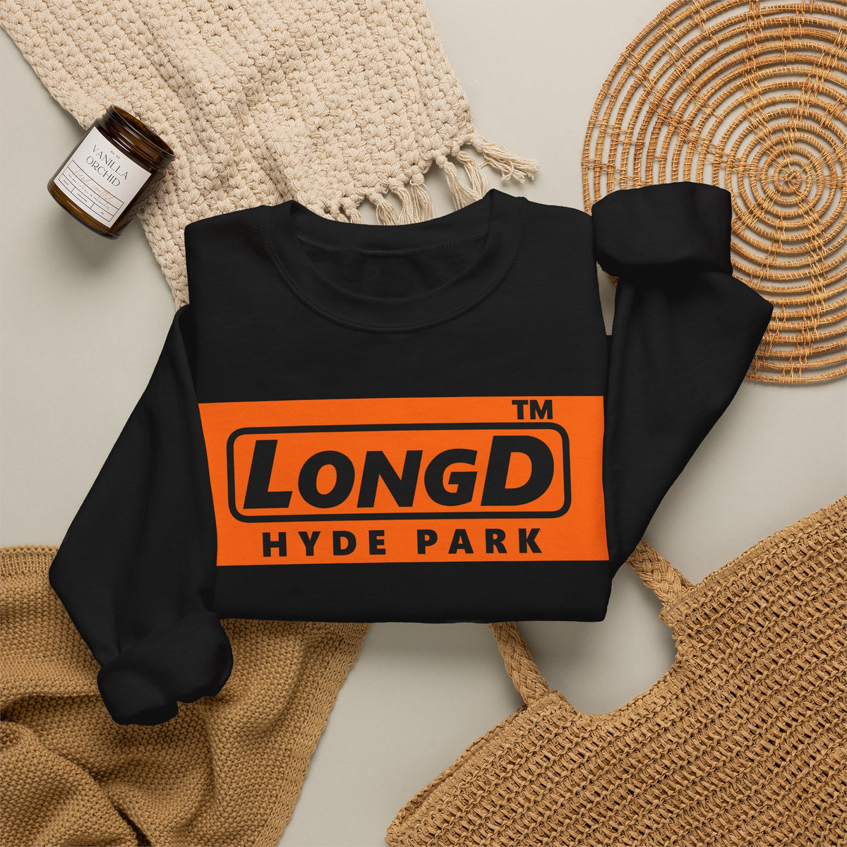 LongD Hyde Park logo Black (000000) on orange (FE7518) (Halloween colors) crewneck sweatshirt