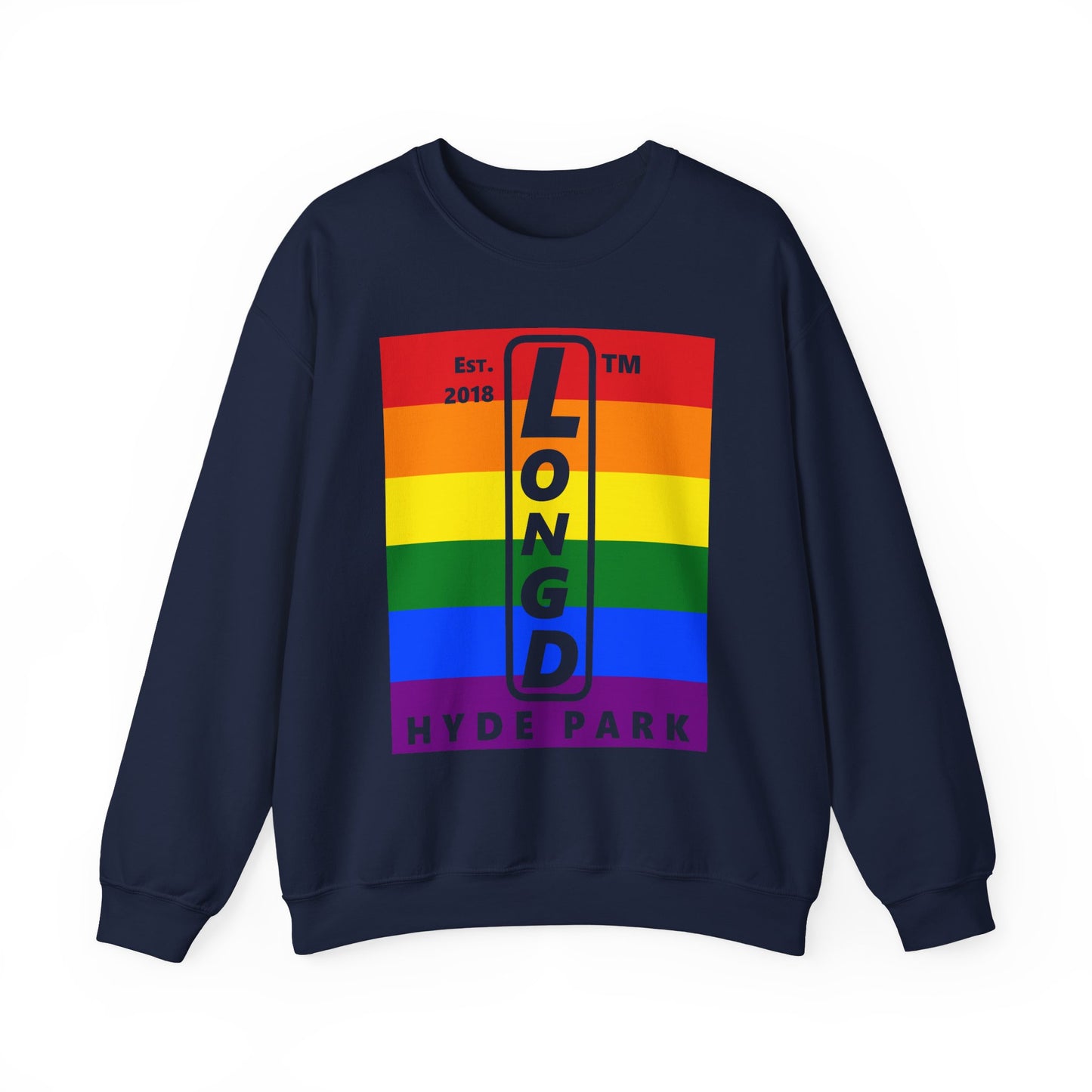 LongD negative horizontal 6-striped Hyde Park upright logo crewneck sweatshirt (Pride colors)
