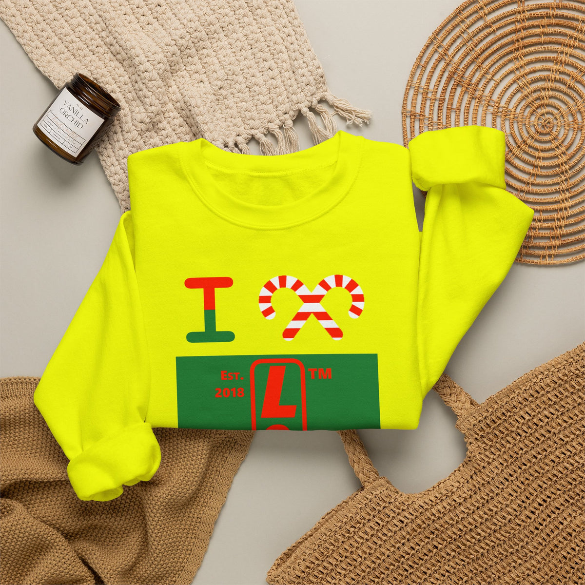 I candy cane LongD Hyde Park upright logo positive red on negative green crewneck sweatshirt