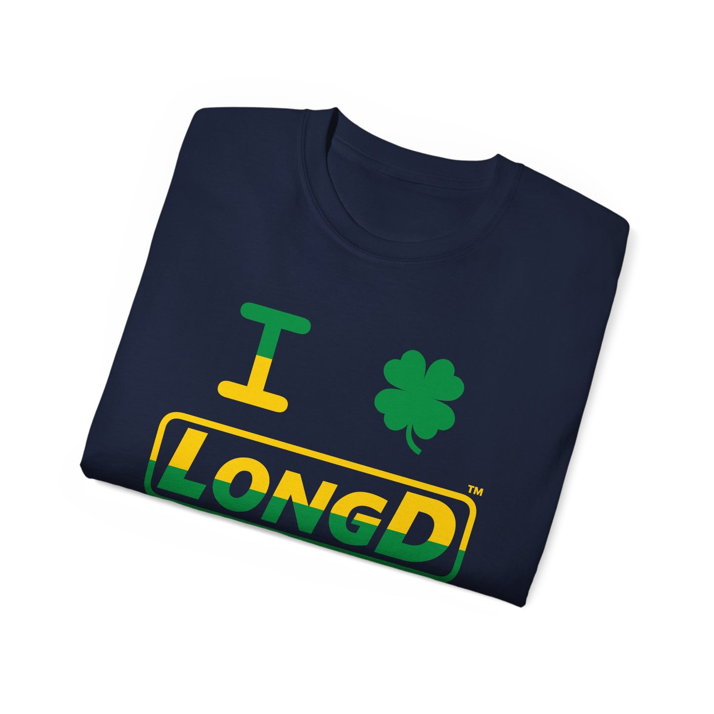 I Clover LongD® Logo Cotton Tee (St. Patrick's Day -Irish Green and Golden Yellow top-bottom split with 4-leaf clover)