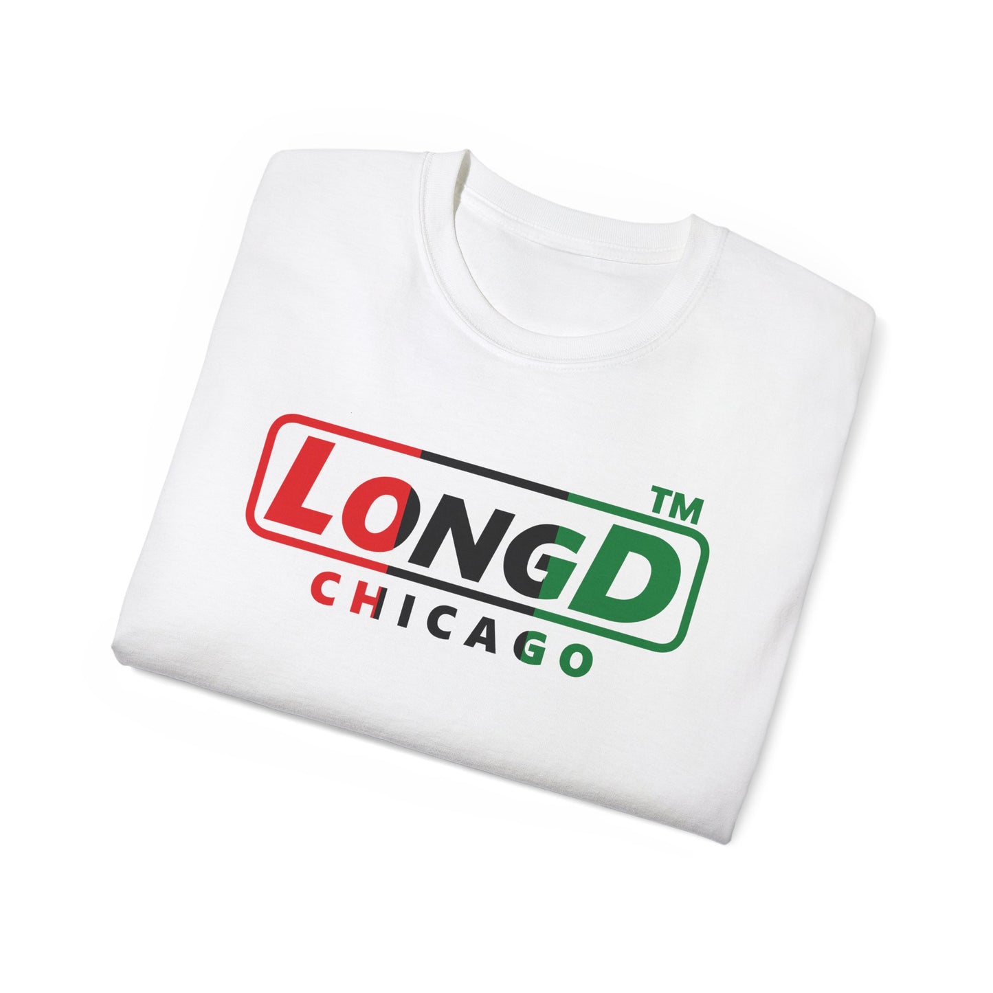 LongD positive vertical 3-striped Chicago logo cotton tee (Juneteenth colors)