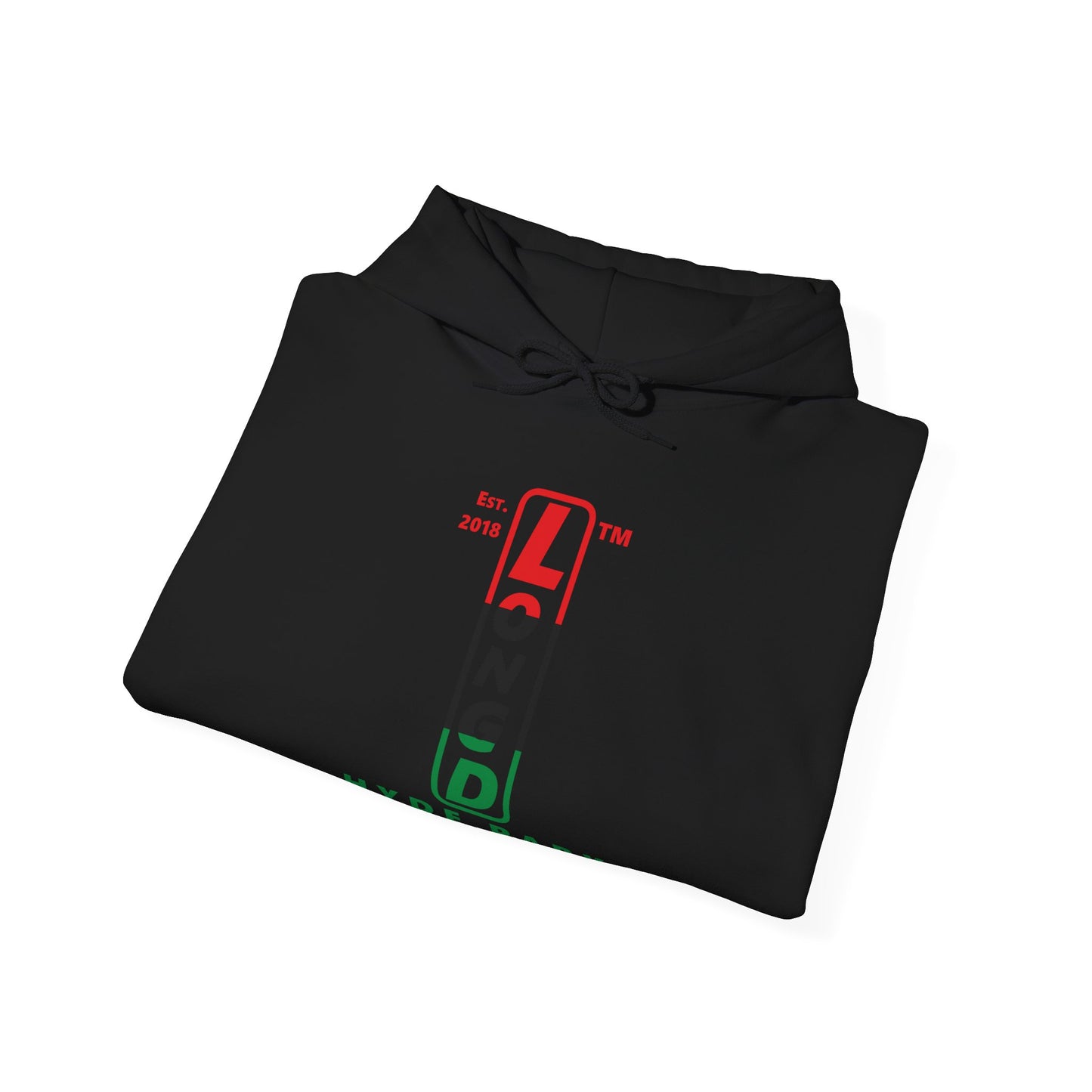 LongD® positive horizontal 3-striped Hyde Park 4-print upright logo hoodie (Juneteenth colors)
