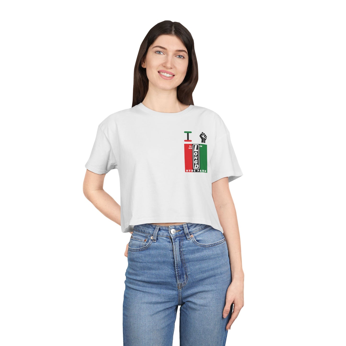 I fist LongD negative vertical 3-striped upright single-breasted Hyde Park logo crop tee (Juneteenth colors)