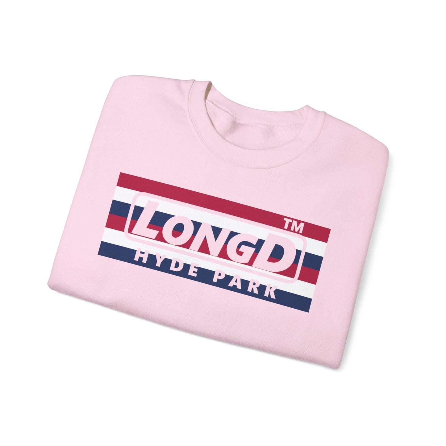 LongD negative horizontal 6-striped Hyde Park logo crewneck sweatshirt (patriotic colors)