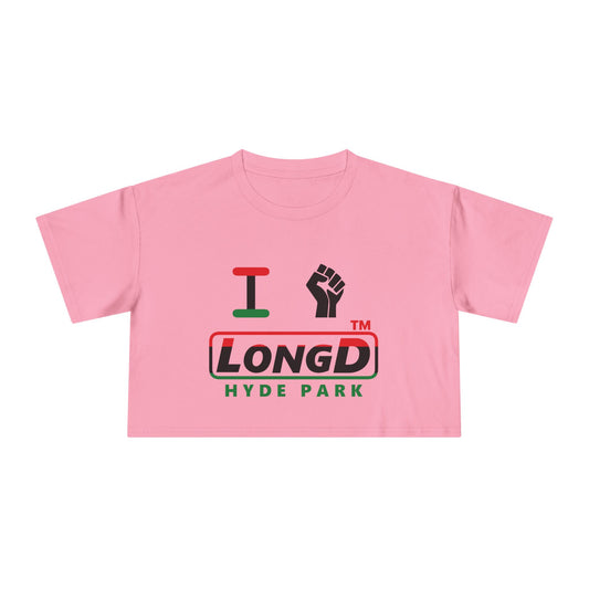 I fist LongD positive horizontal 3-striped Hyde Park logo crop tee