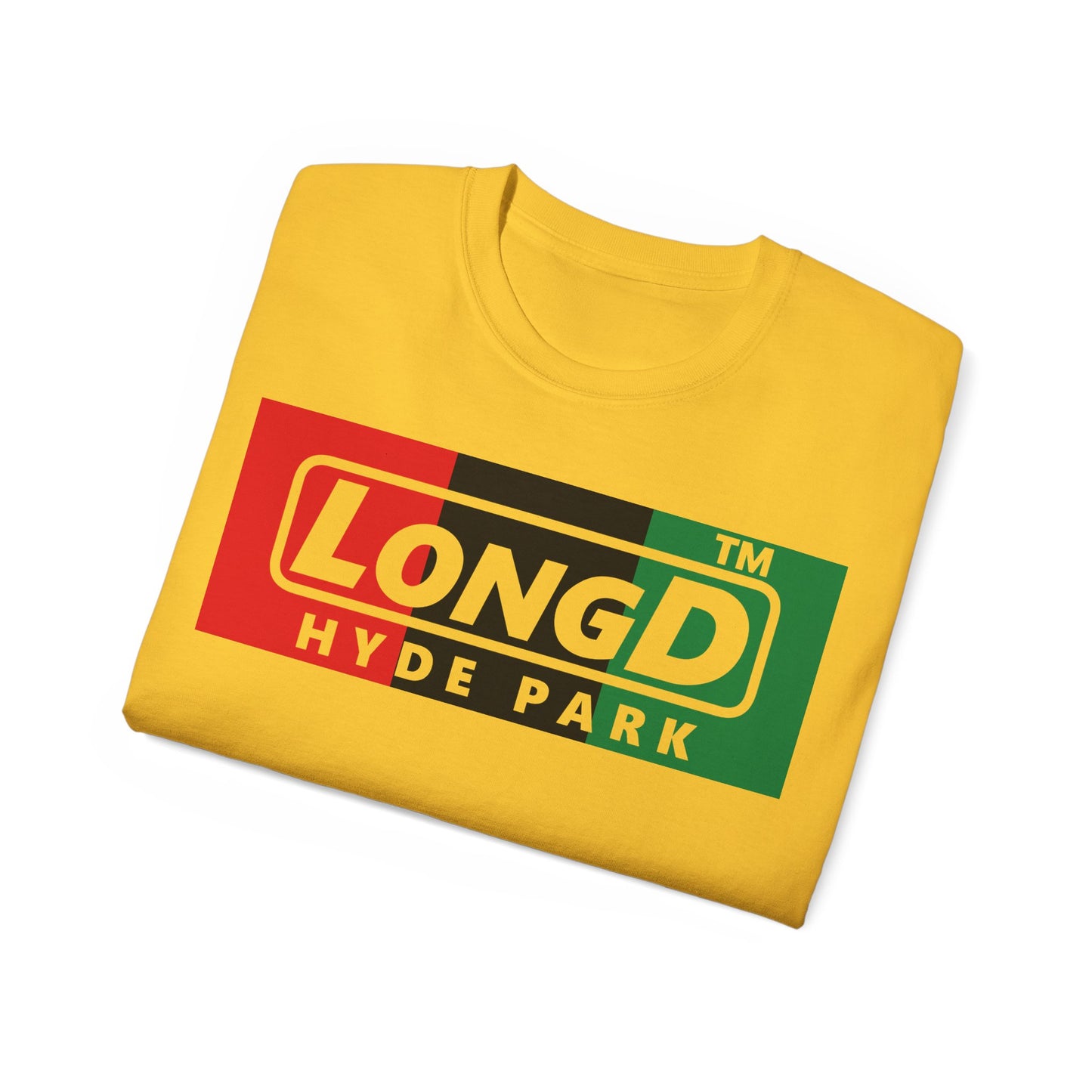 LongD negative vertical 3-striped Hyde Park logo cotton tee (Juneteenth colors)