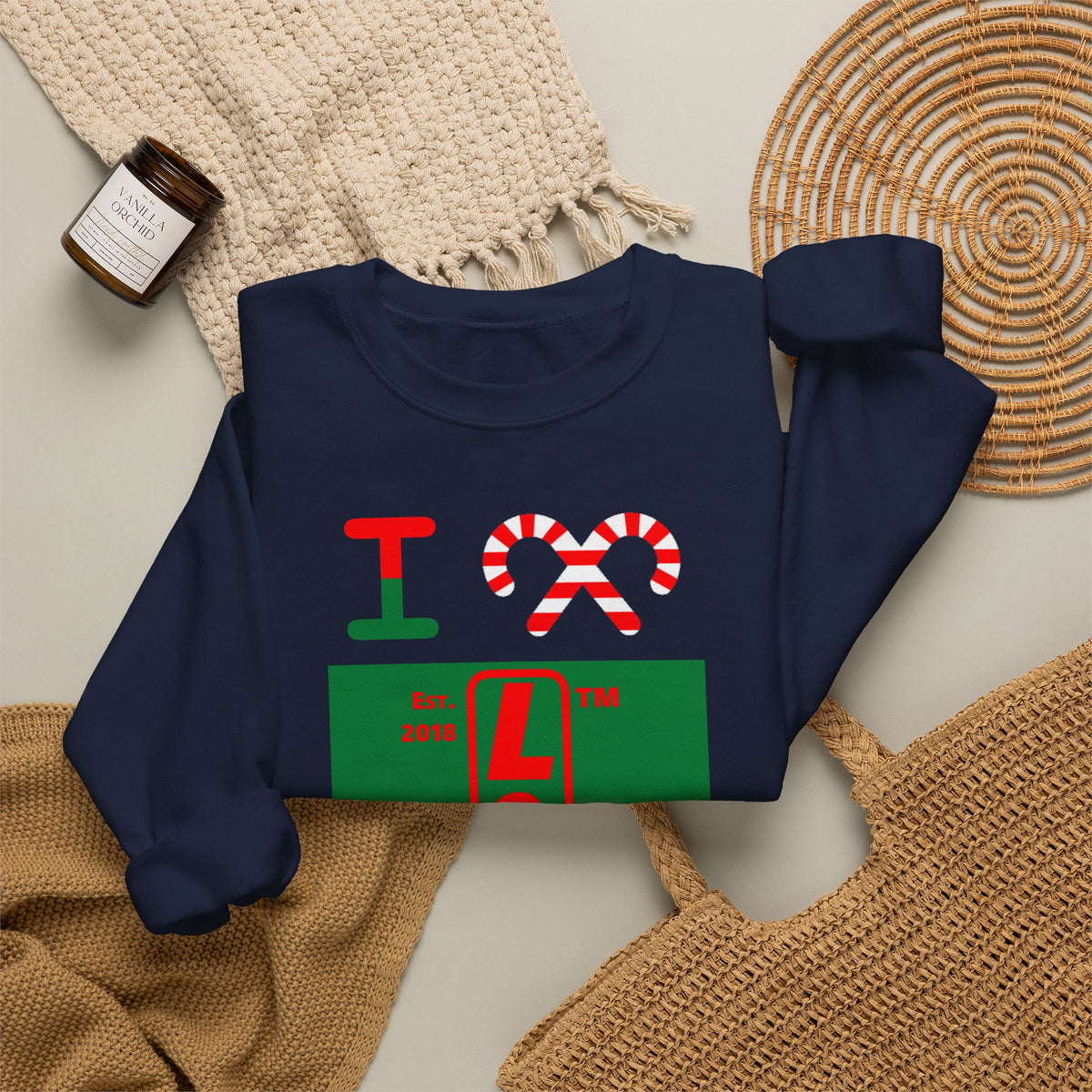 I candy cane LongD Hyde Park upright logo positive red on negative green crewneck sweatshirt