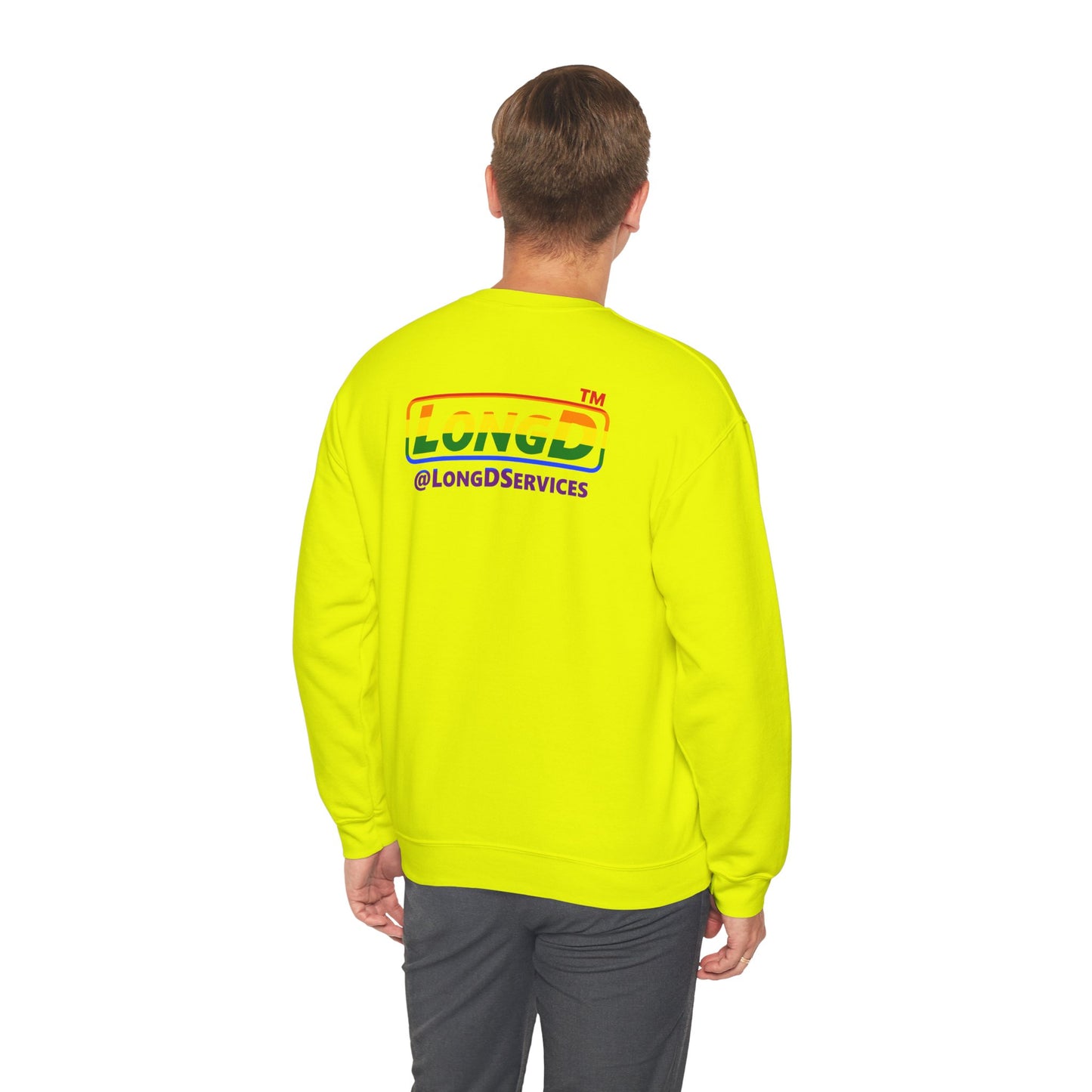 I Luv LongD positive horizontal striped front-back Chicago logo crewneck sweatshirt (Pride colors)