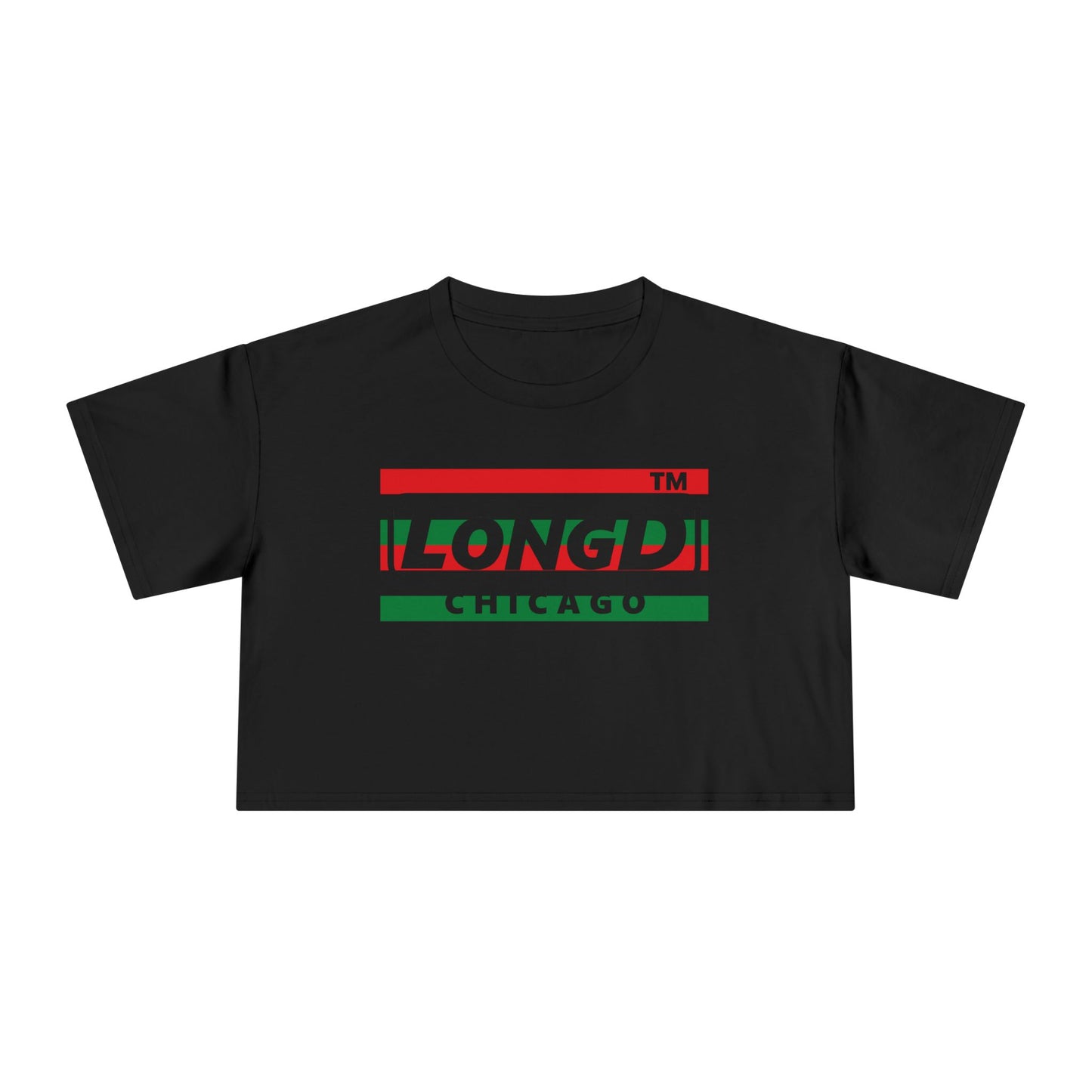 LongD negative horizontal 6-striped Chicago logo crop tee (Juneteenth colors)